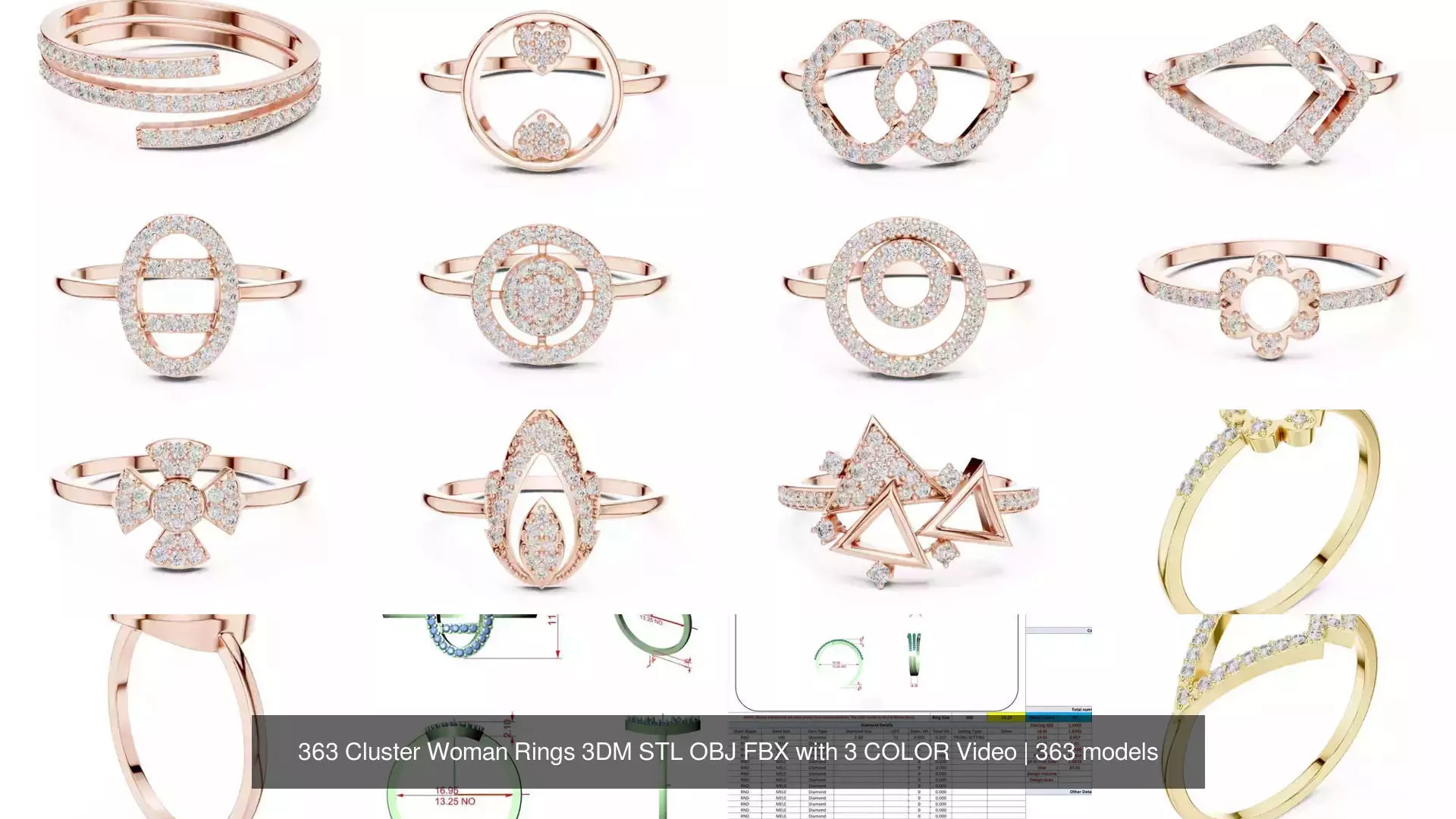 363 Cluster Woman Rings 3DM STL OBJ FBX with 3 COLOR Video 3D Model Collection_53