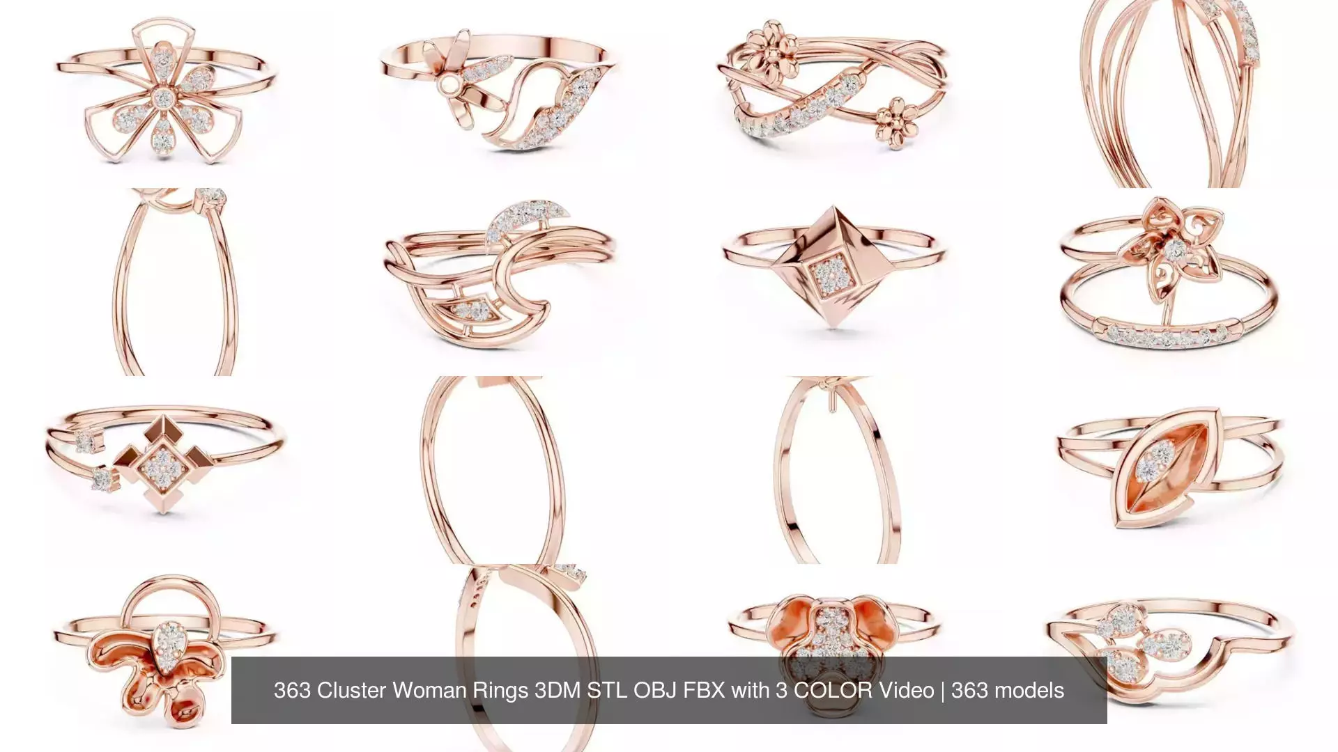 363 Cluster Woman Rings 3DM STL OBJ FBX with 3 COLOR Video 3D Model Collection_11