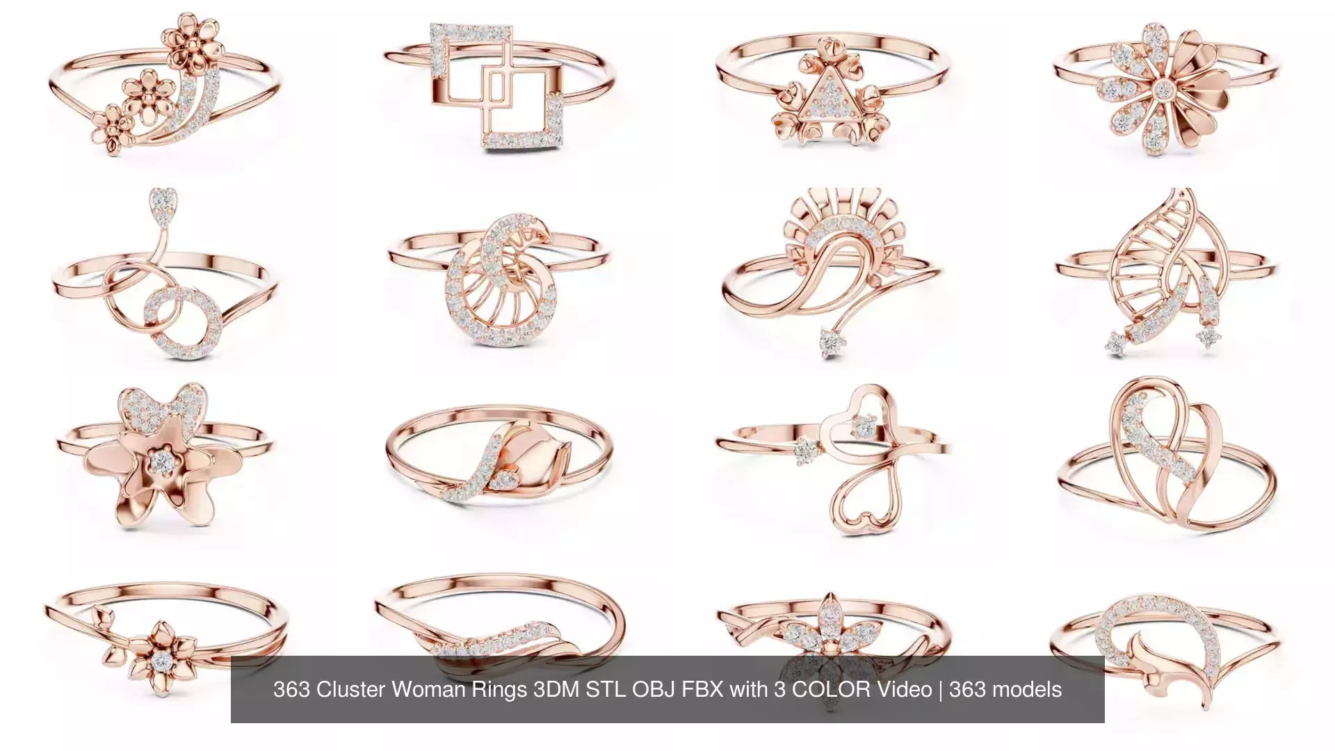 363 Cluster Woman Rings 3DM STL OBJ FBX with 3 COLOR Video 3D Model Collection_1
