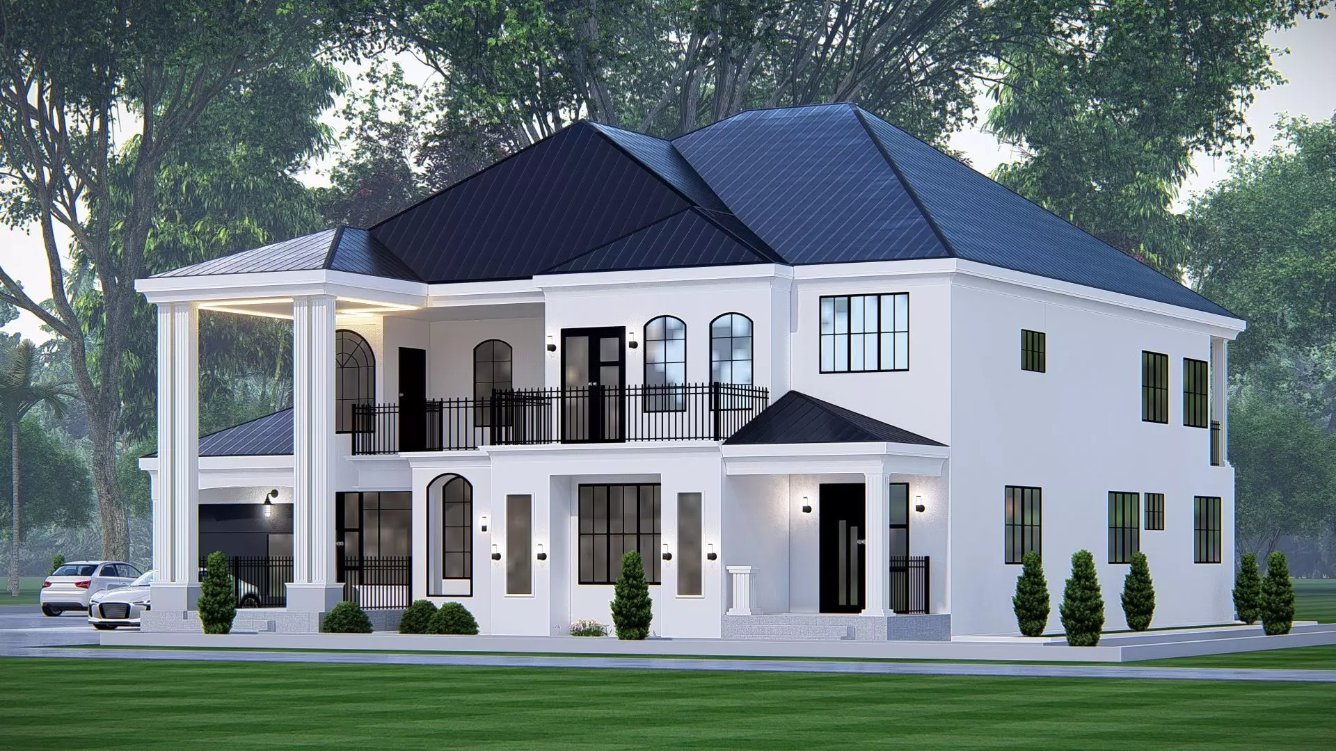 Ranch Farmhouse Exterior Classic American Country Home Design 3D model_0