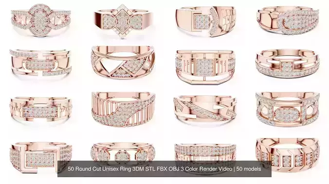 50 Round Cut Unisex Ring 3DM STL FBX OBJ 3 Color Render Video 3D Model Collection
