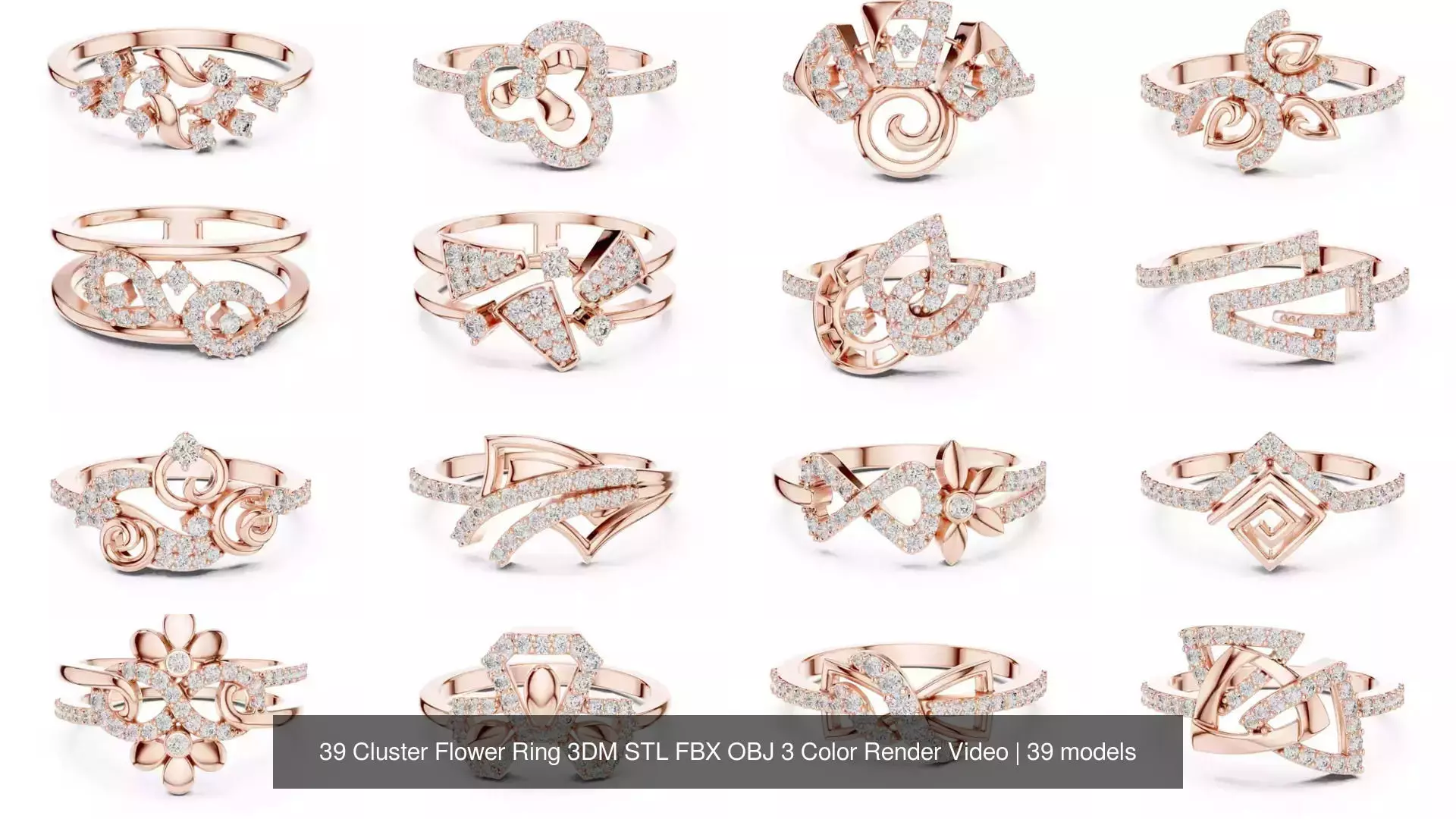 39 Cluster Flower Ring 3DM STL FBX OBJ 3 Color Render Video 3D Model Collection_2