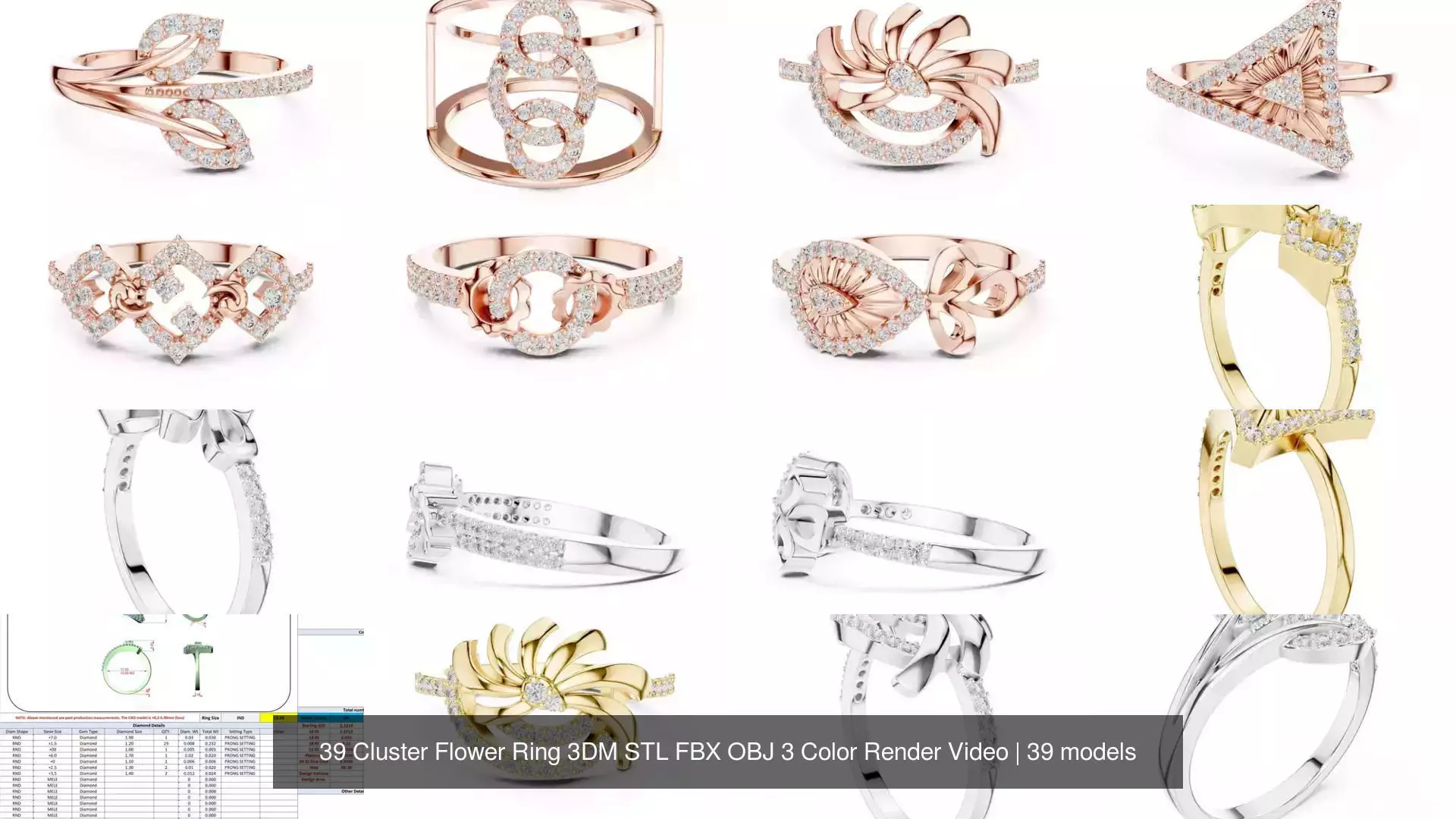 39 Cluster Flower Ring 3DM STL FBX OBJ 3 Color Render Video 3D Model Collection_4