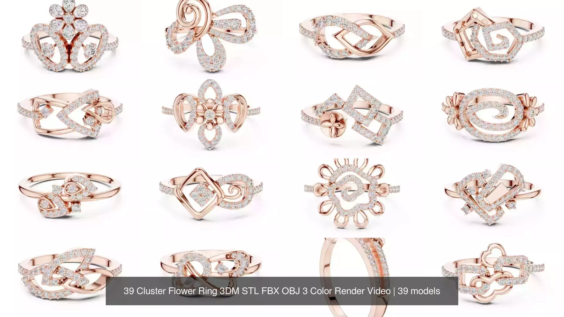 39 Cluster Flower Ring 3DM STL FBX OBJ 3 Color Render Video 3D Model Collection_0