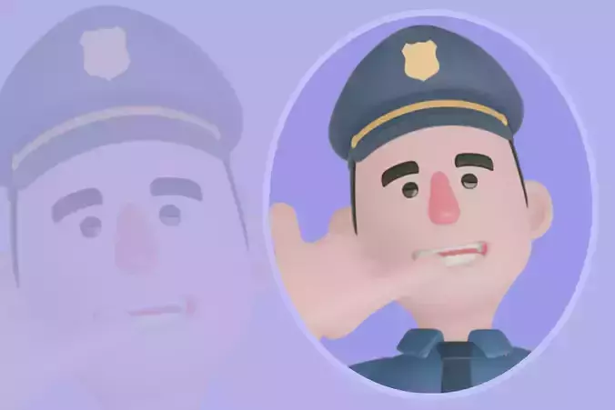 Stylized 3D Male Police Character - Cartoon Officer Whispering