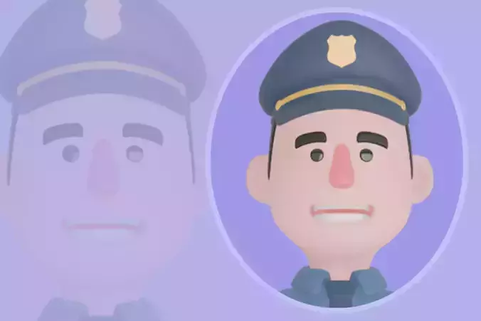 Stylized 3D Male Police Character - Officer Pointing Alarm Clock