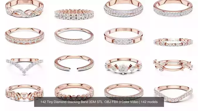 142 Tiny Diamond Stacking Band 3DM STL  OBJ FBX 3 Color Video 3D Model Collection