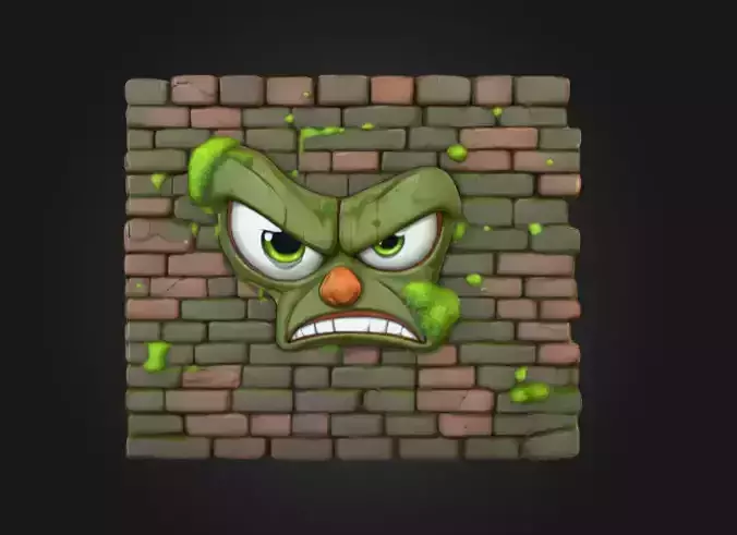 Grumpy Brick Guardian Wall Low-poly 3D model