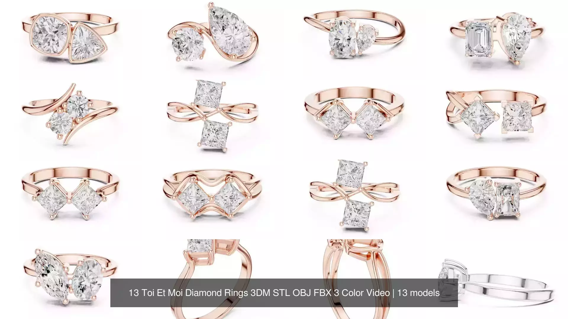 13 Toi Et Moi Diamond Rings 3DM STL OBJ FBX 3 Color Video 3D Model Collection_0