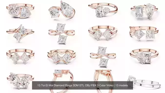 13 Toi Et Moi Diamond Rings 3DM STL OBJ FBX 3 Color Video 3D Model Collection