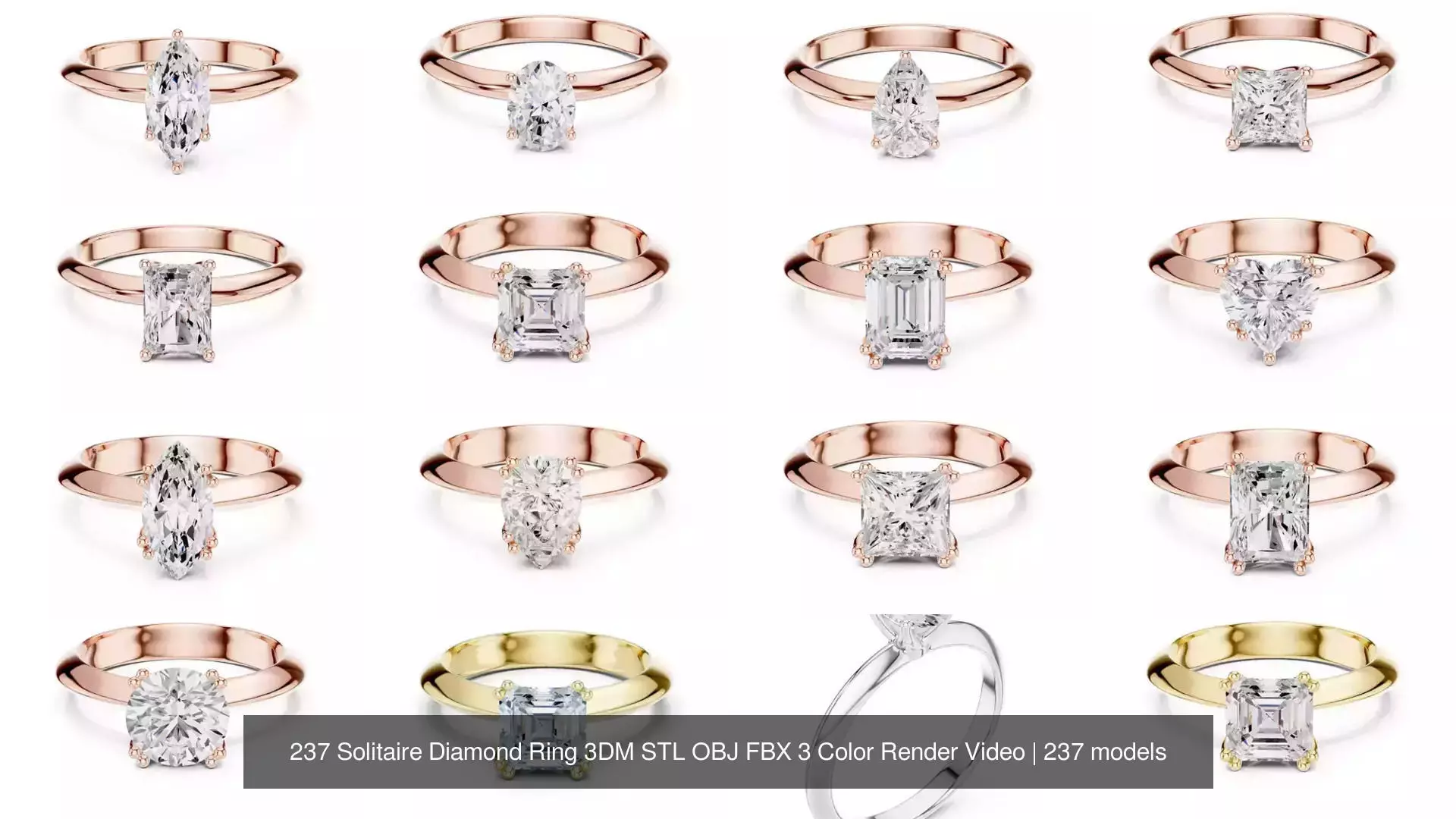 237 Solitaire Diamond Ring 3DM STL OBJ FBX 3 Color Render Video 3D Model Collection_30