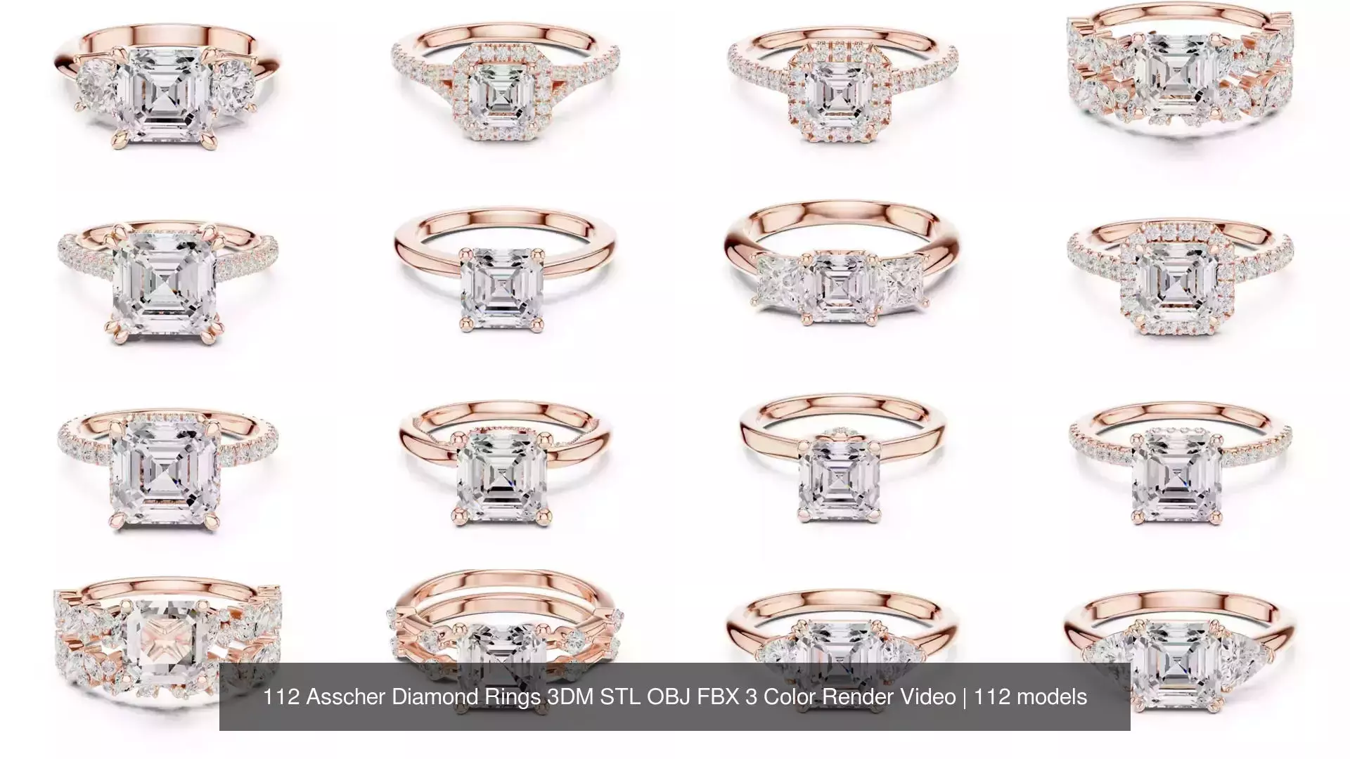 112 Asscher Diamond Rings 3DM STL OBJ FBX 3 Color Render Video 3D Model Collection_6