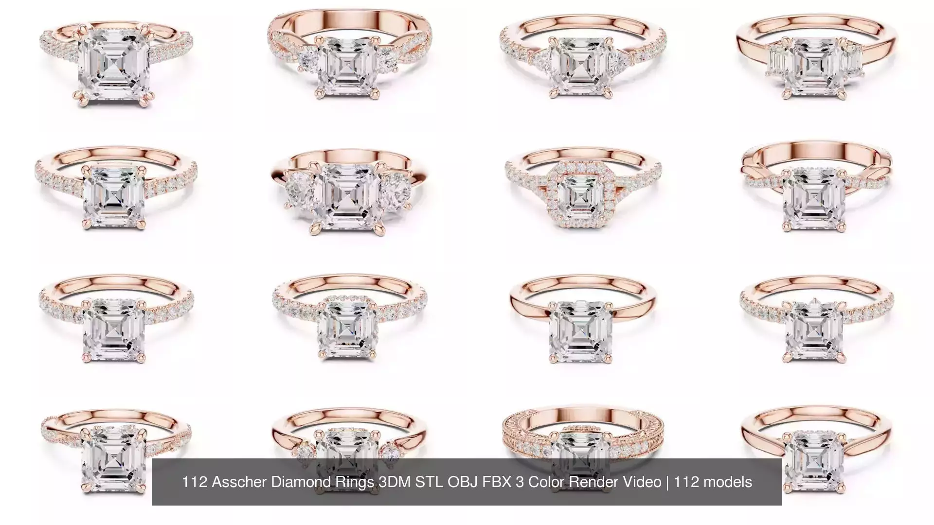 112 Asscher Diamond Rings 3DM STL OBJ FBX 3 Color Render Video 3D Model Collection_10