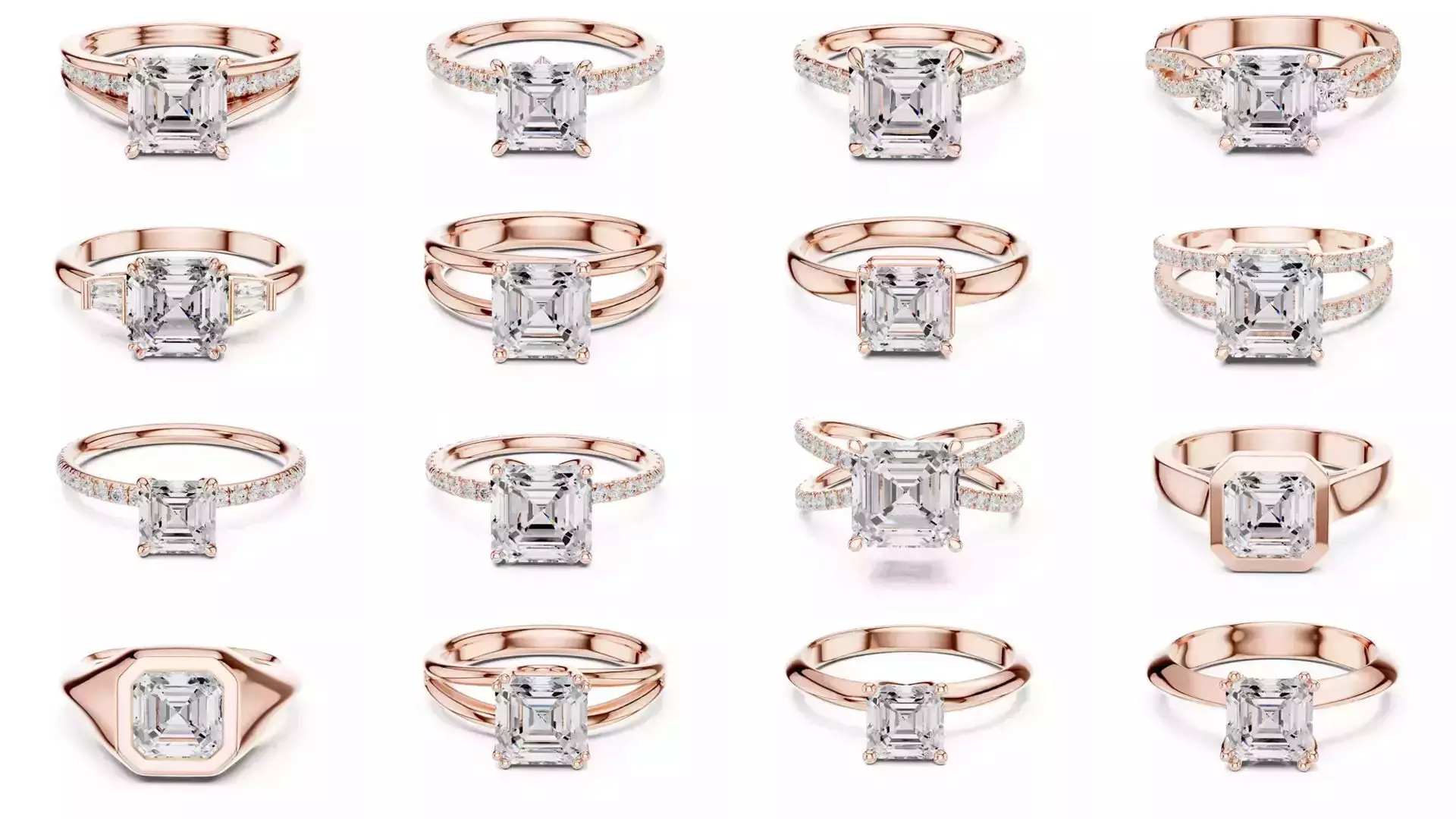 112 Asscher Diamond Rings 3DM STL OBJ FBX 3 Color Render Video 3D Model Collection_7