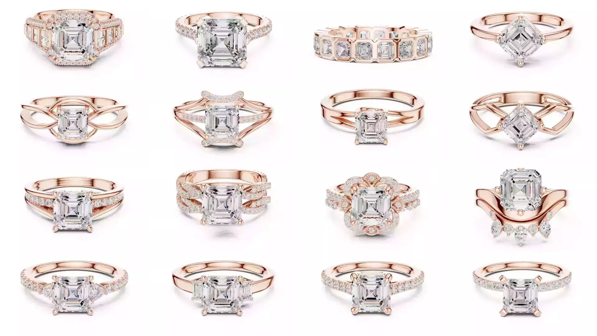 112 Asscher Diamond Rings 3DM STL OBJ FBX 3 Color Render Video 3D Model Collection_2