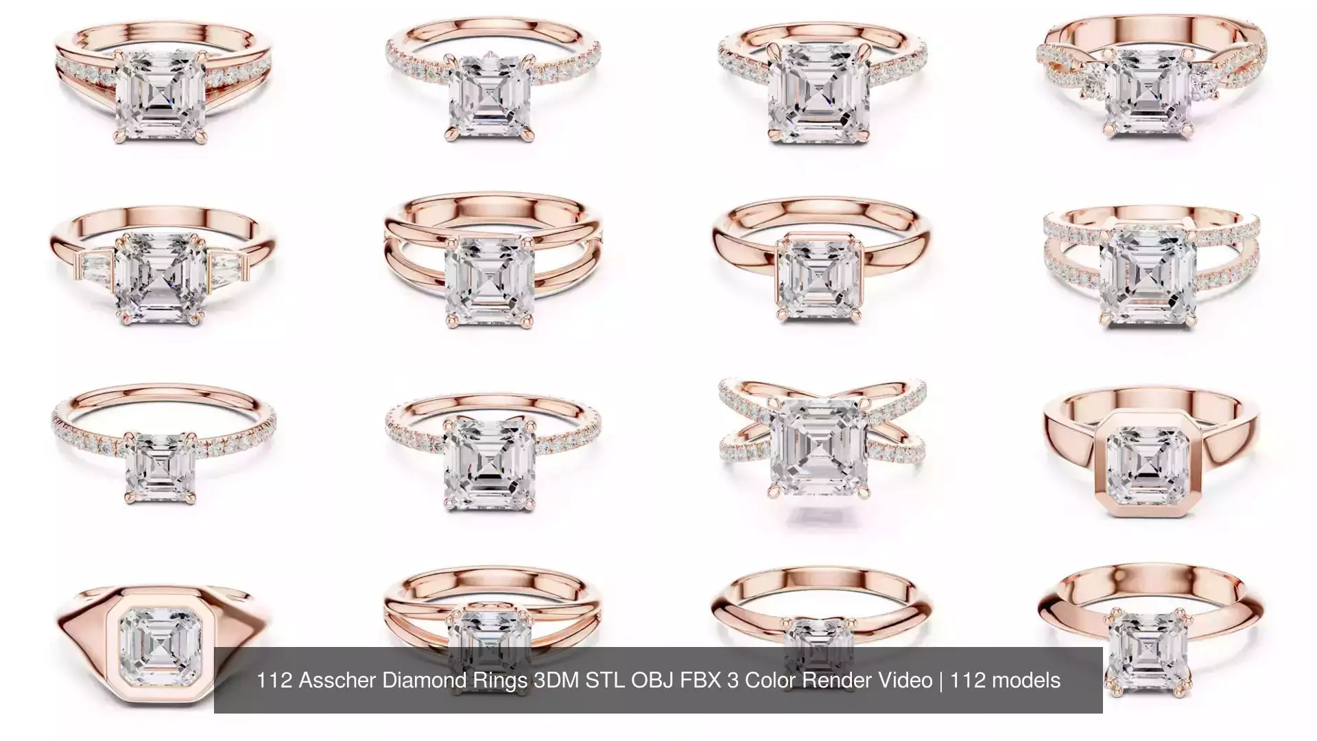 112 Asscher Diamond Rings 3DM STL OBJ FBX 3 Color Render Video 3D Model Collection_12