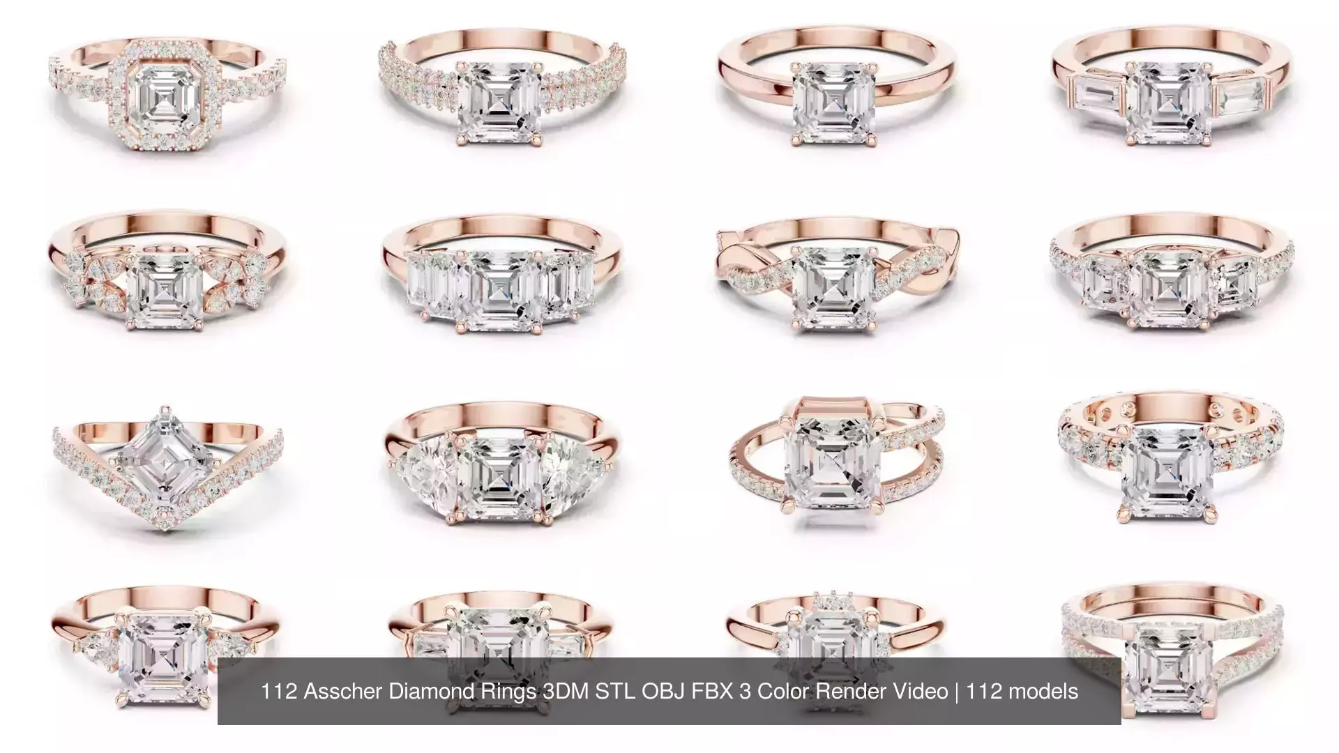 112 Asscher Diamond Rings 3DM STL OBJ FBX 3 Color Render Video 3D Model Collection_1