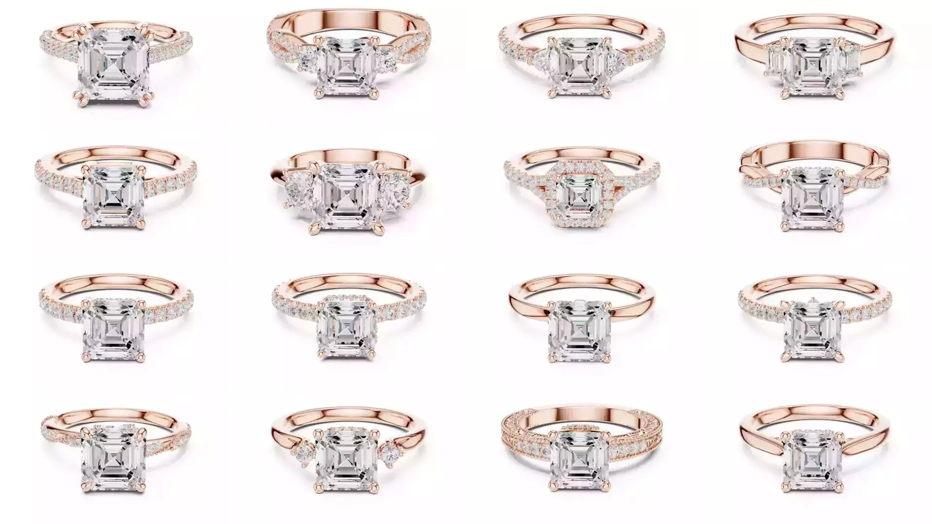 112 Asscher Diamond Rings 3DM STL OBJ FBX 3 Color Render Video 3D Model Collection_0