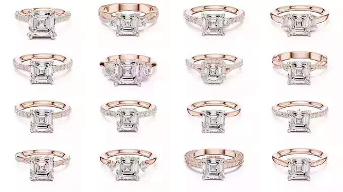 112 Asscher Diamond Rings 3DM STL OBJ FBX 3 Color Render Video 3D Model Collection