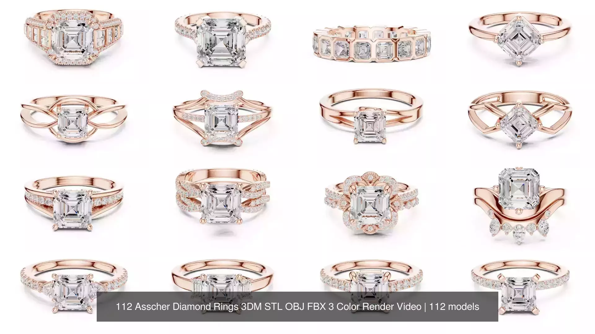 112 Asscher Diamond Rings 3DM STL OBJ FBX 3 Color Render Video 3D Model Collection_4