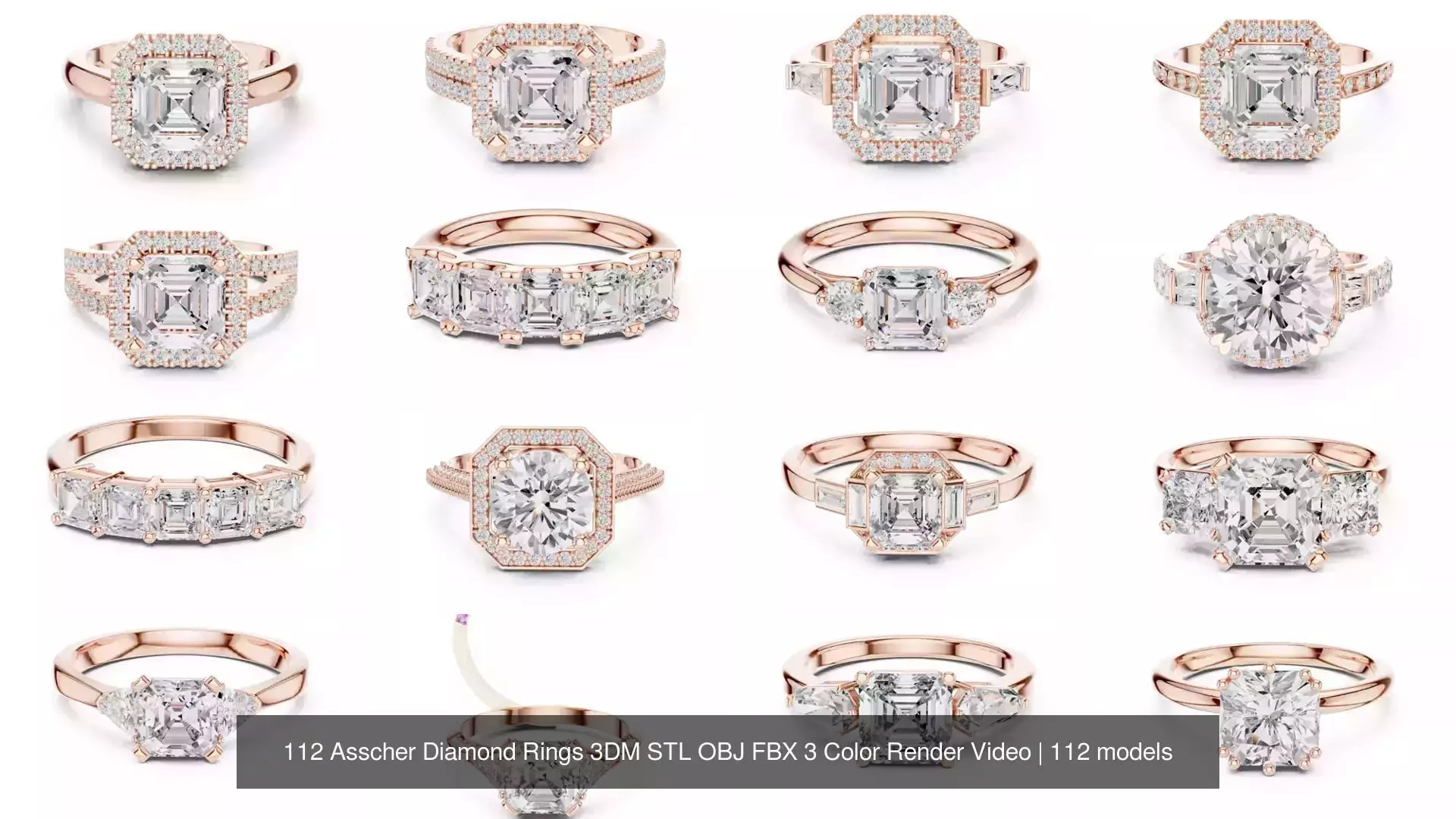 112 Asscher Diamond Rings 3DM STL OBJ FBX 3 Color Render Video 3D Model Collection_3