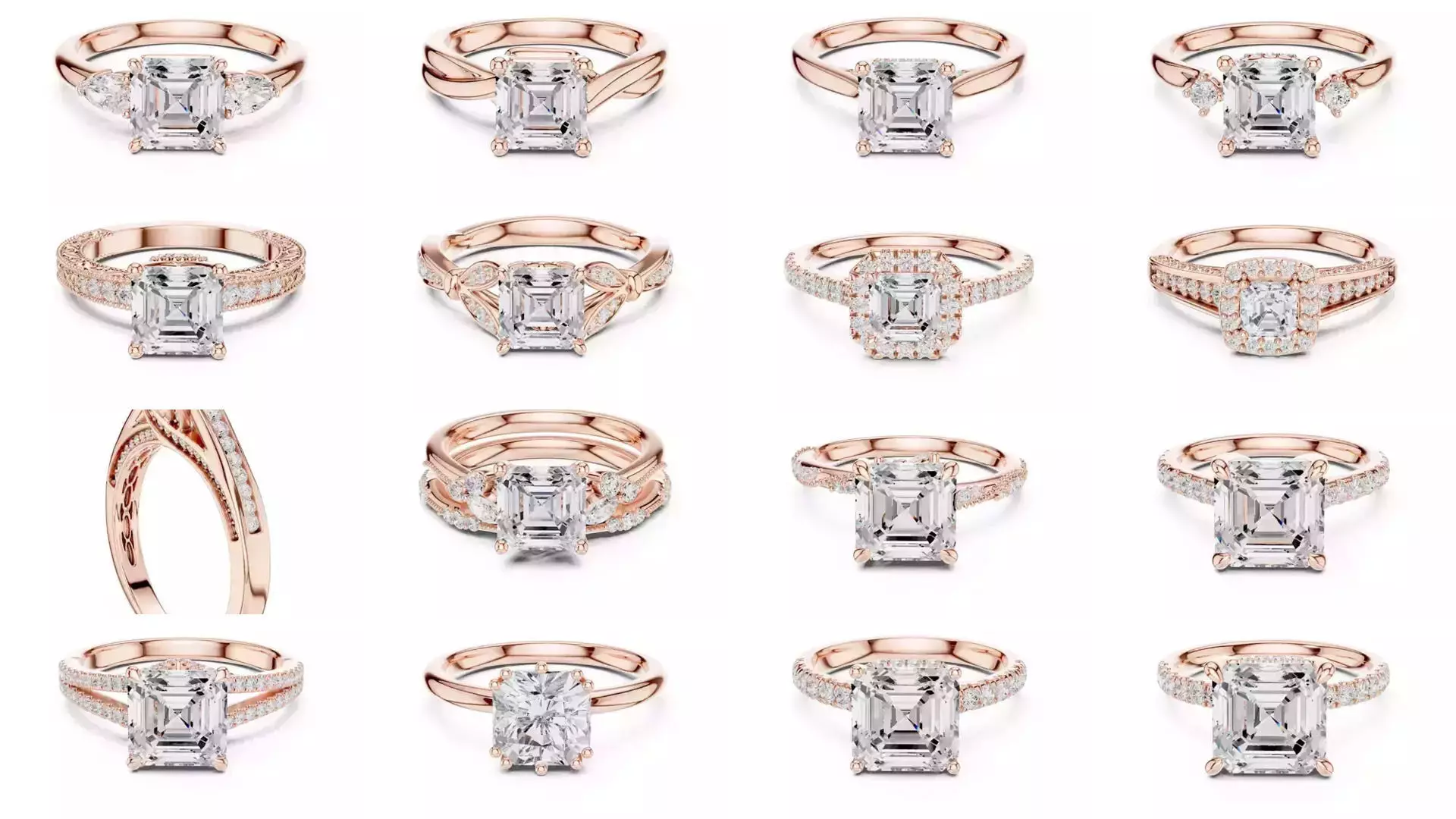 112 Asscher Diamond Rings 3DM STL OBJ FBX 3 Color Render Video 3D Model Collection_5
