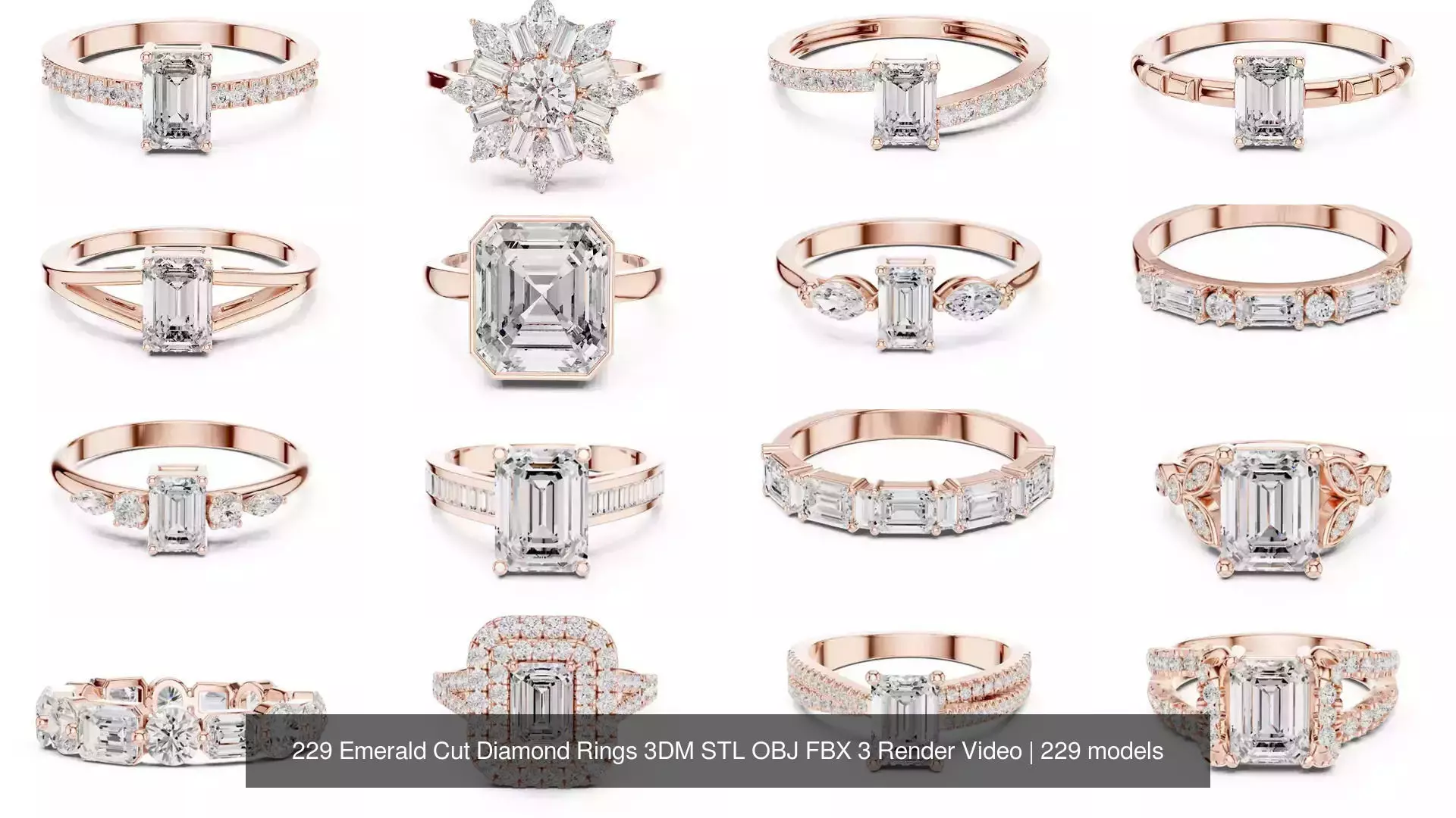 229 Emerald Cut Diamond Rings 3DM STL OBJ FBX 3 Render Video 3D Model Collection_7
