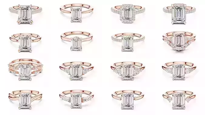 229 Emerald Cut Diamond Rings 3DM STL OBJ FBX 3 Render Video 3D Model Collection