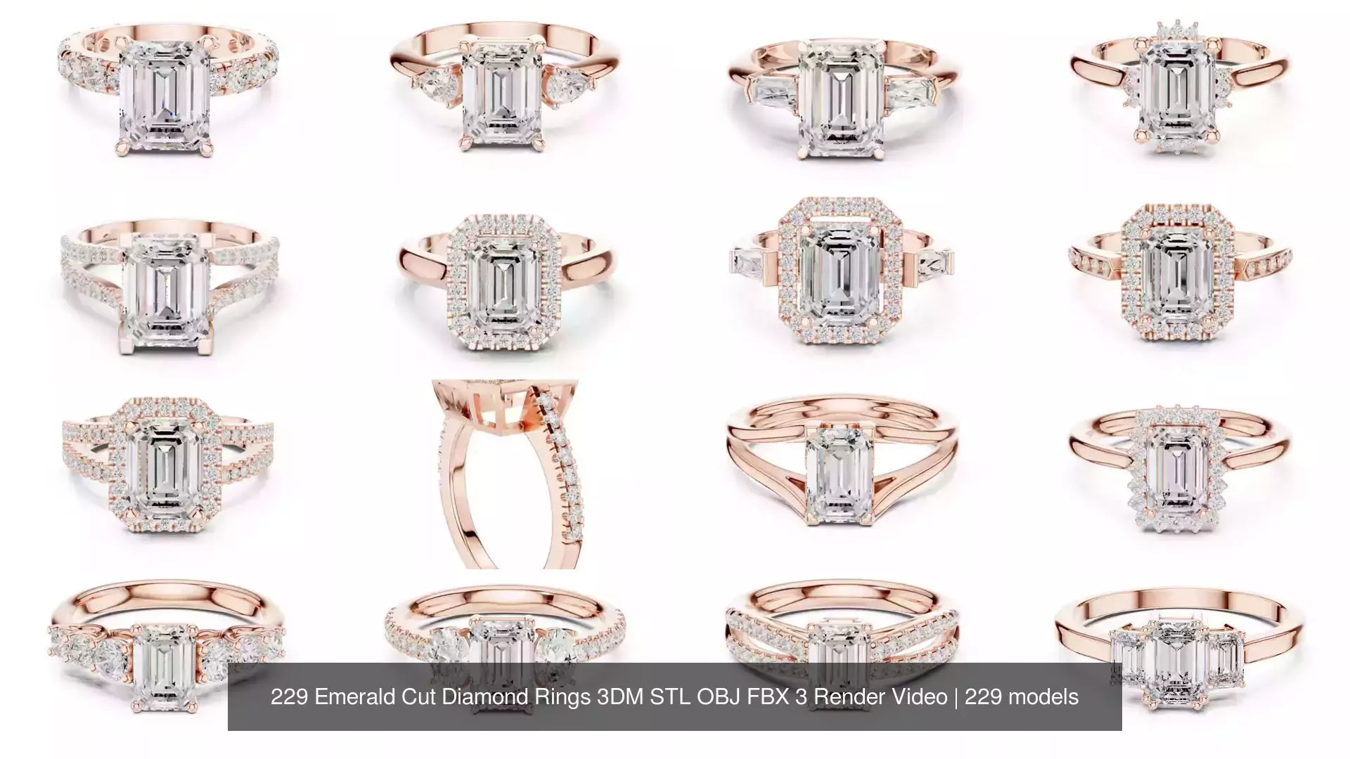 229 Emerald Cut Diamond Rings 3DM STL OBJ FBX 3 Render Video 3D Model Collection_5