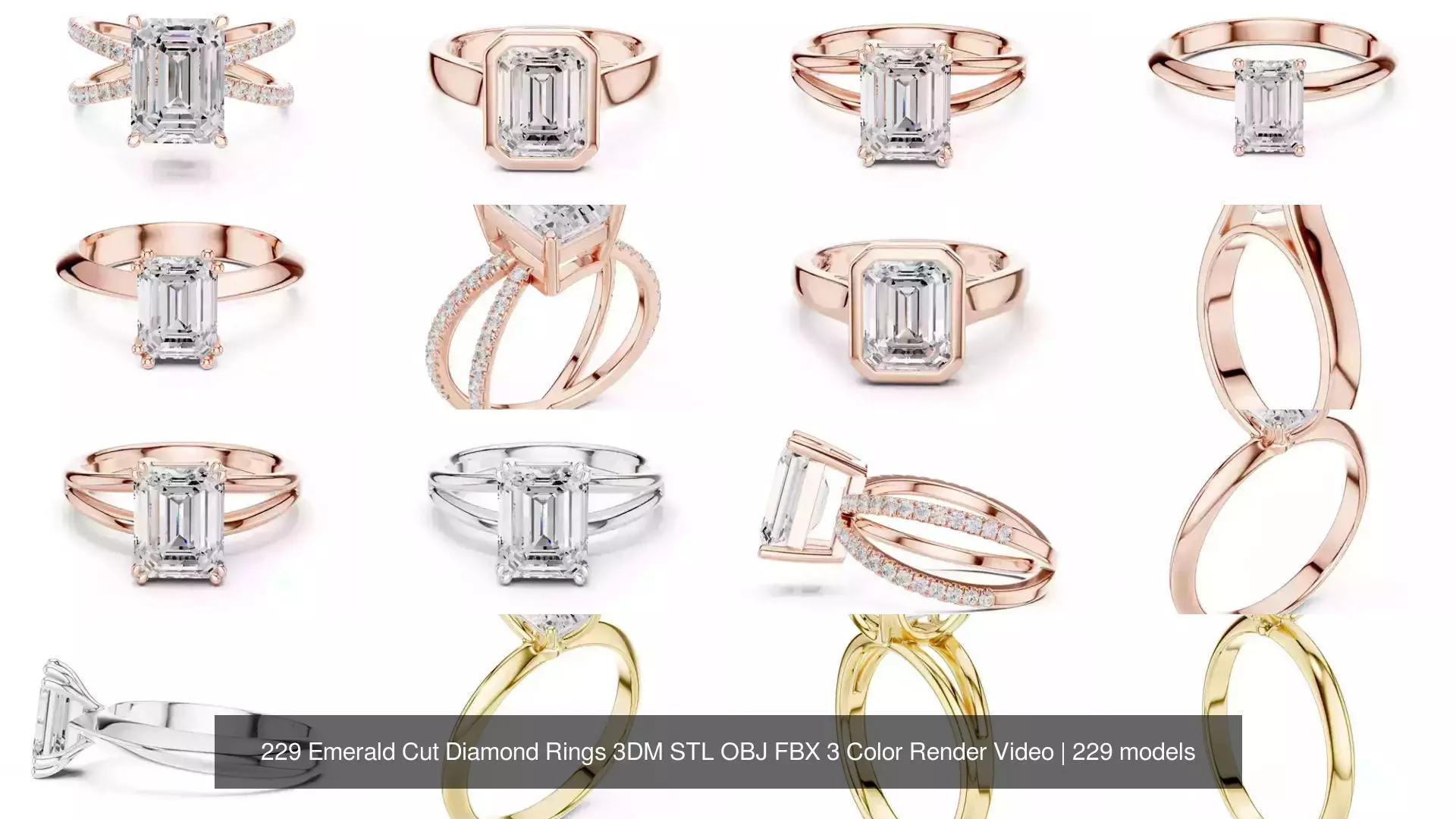 229 Emerald Cut Diamond Rings 3DM STL OBJ FBX 3 Render Video 3D Model Collection_29