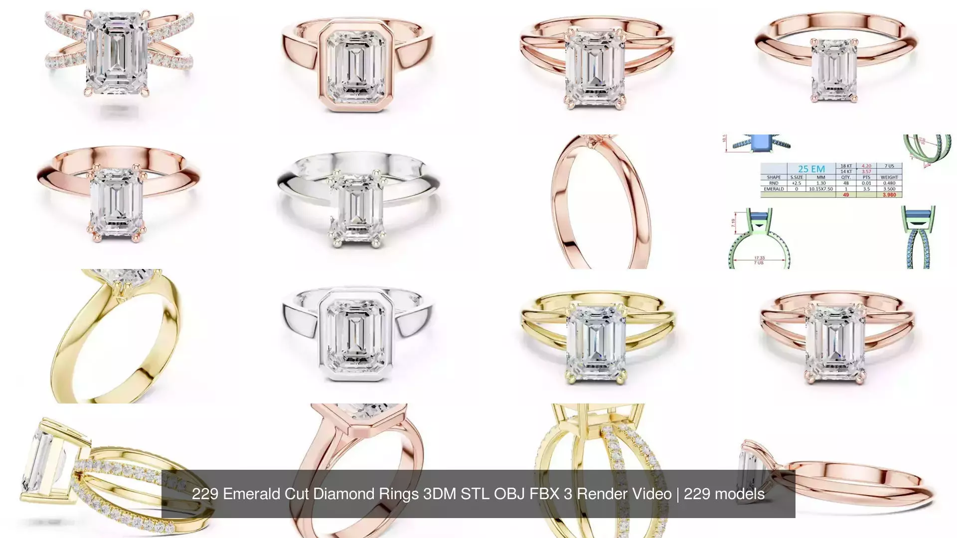 229 Emerald Cut Diamond Rings 3DM STL OBJ FBX 3 Render Video 3D Model Collection_30