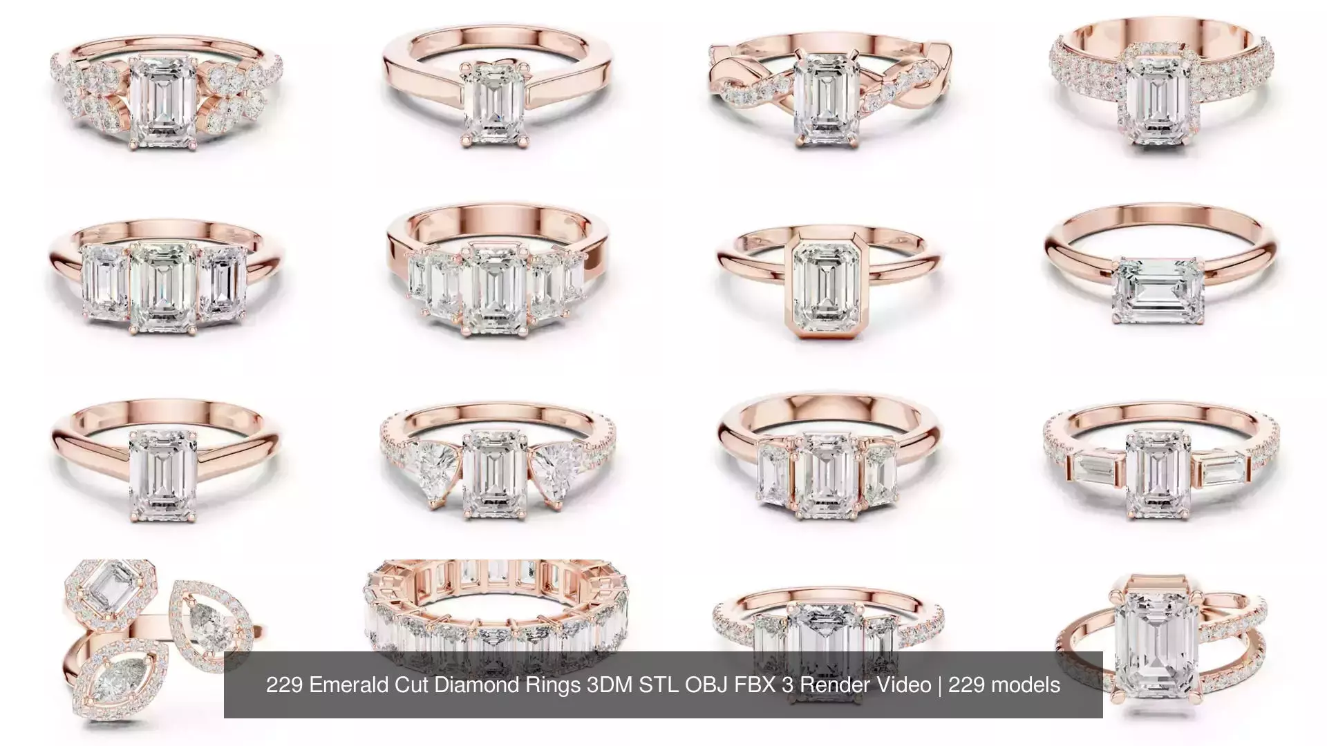 229 Emerald Cut Diamond Rings 3DM STL OBJ FBX 3 Render Video 3D Model Collection_3