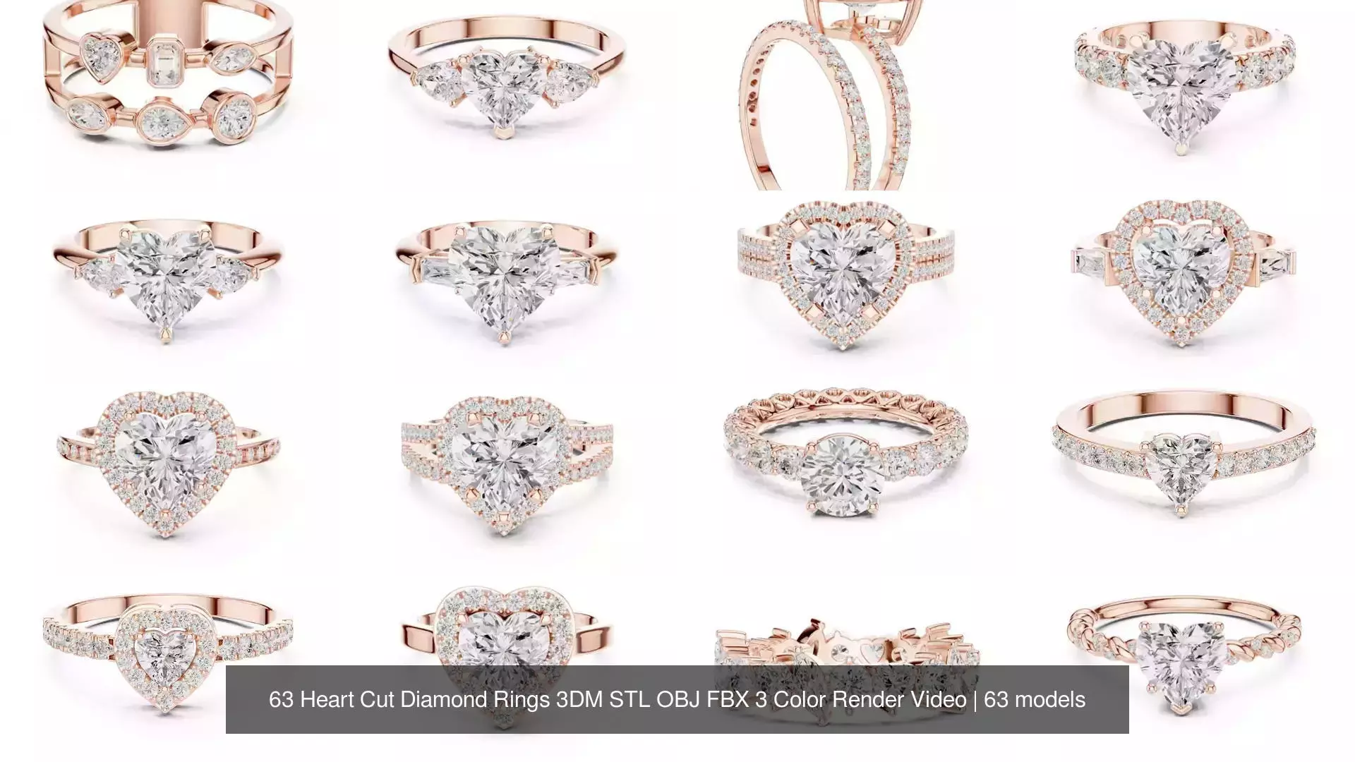 63 Heart Cut Diamond Rings 3DM STL OBJ FBX 3 Color Render Video 3D Model Collection_1