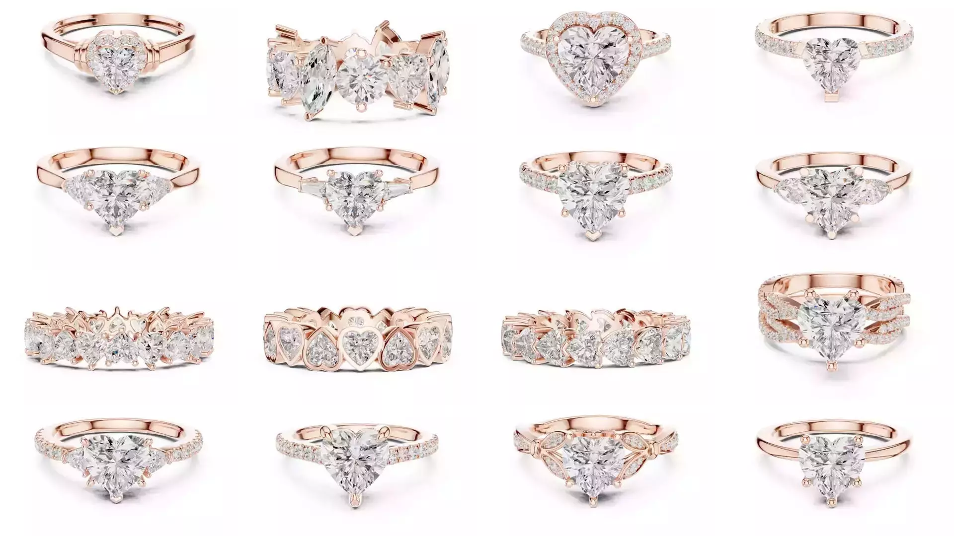 63 Heart Cut Diamond Rings 3DM STL OBJ FBX 3 Color Render Video 3D Model Collection_4