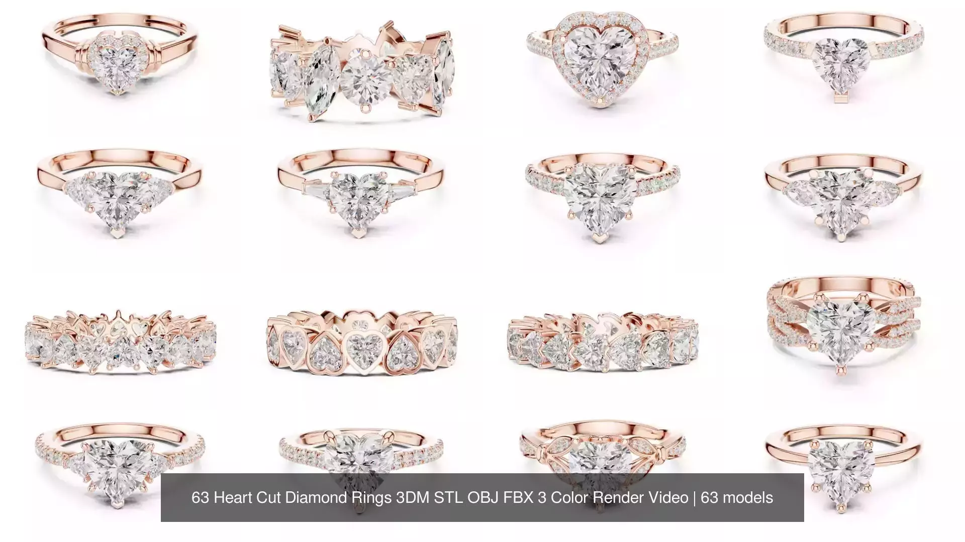 63 Heart Cut Diamond Rings 3DM STL OBJ FBX 3 Color Render Video 3D Model Collection_3