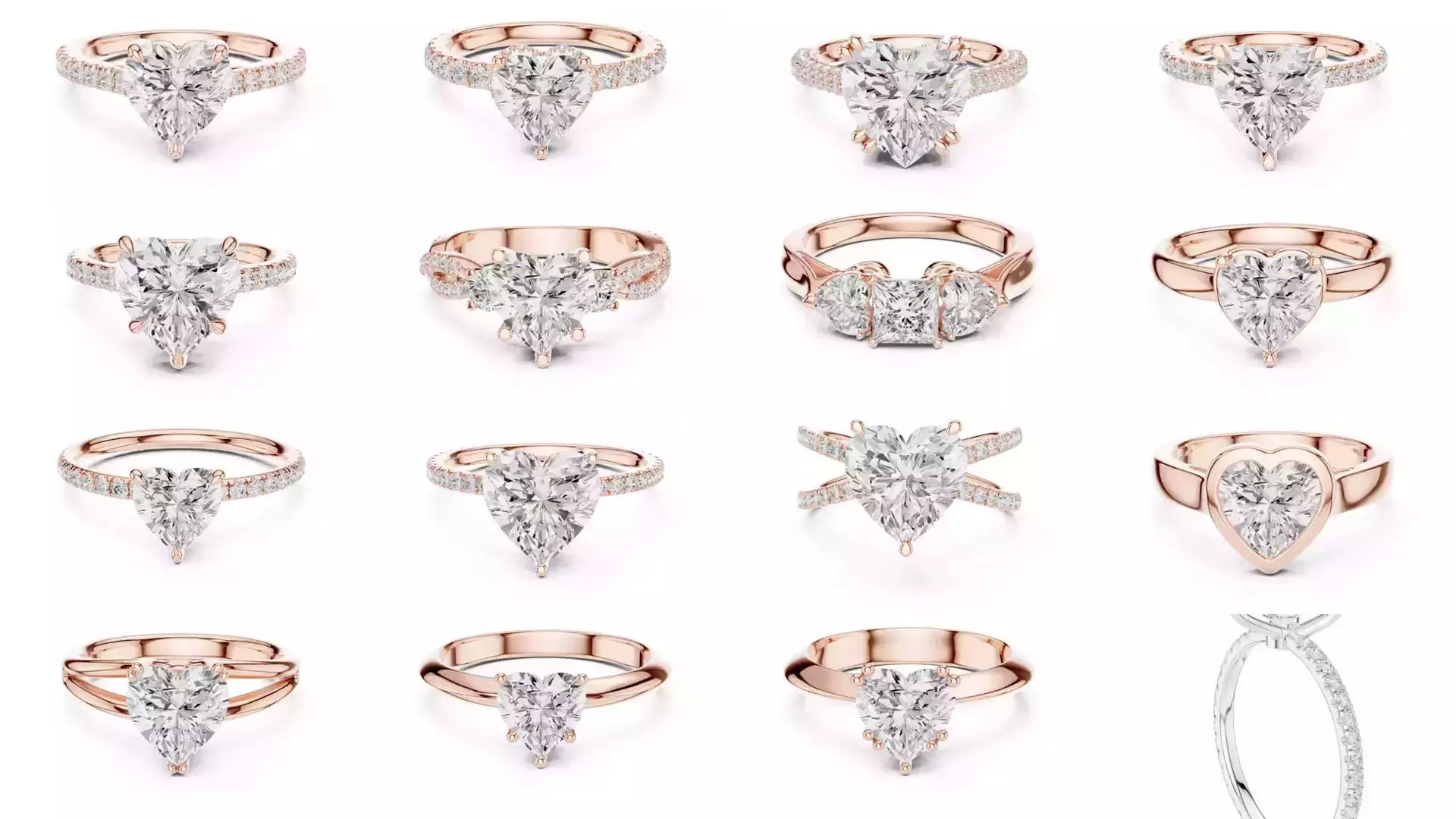 63 Heart Cut Diamond Rings 3DM STL OBJ FBX 3 Color Render Video 3D Model Collection_0