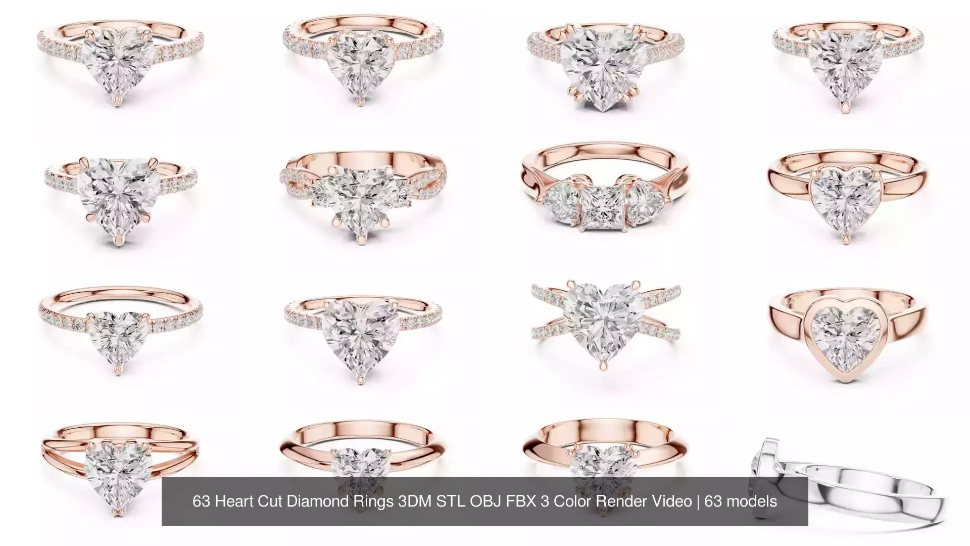 63 Heart Cut Diamond Rings 3DM STL OBJ FBX 3 Color Render Video 3D Model Collection_6