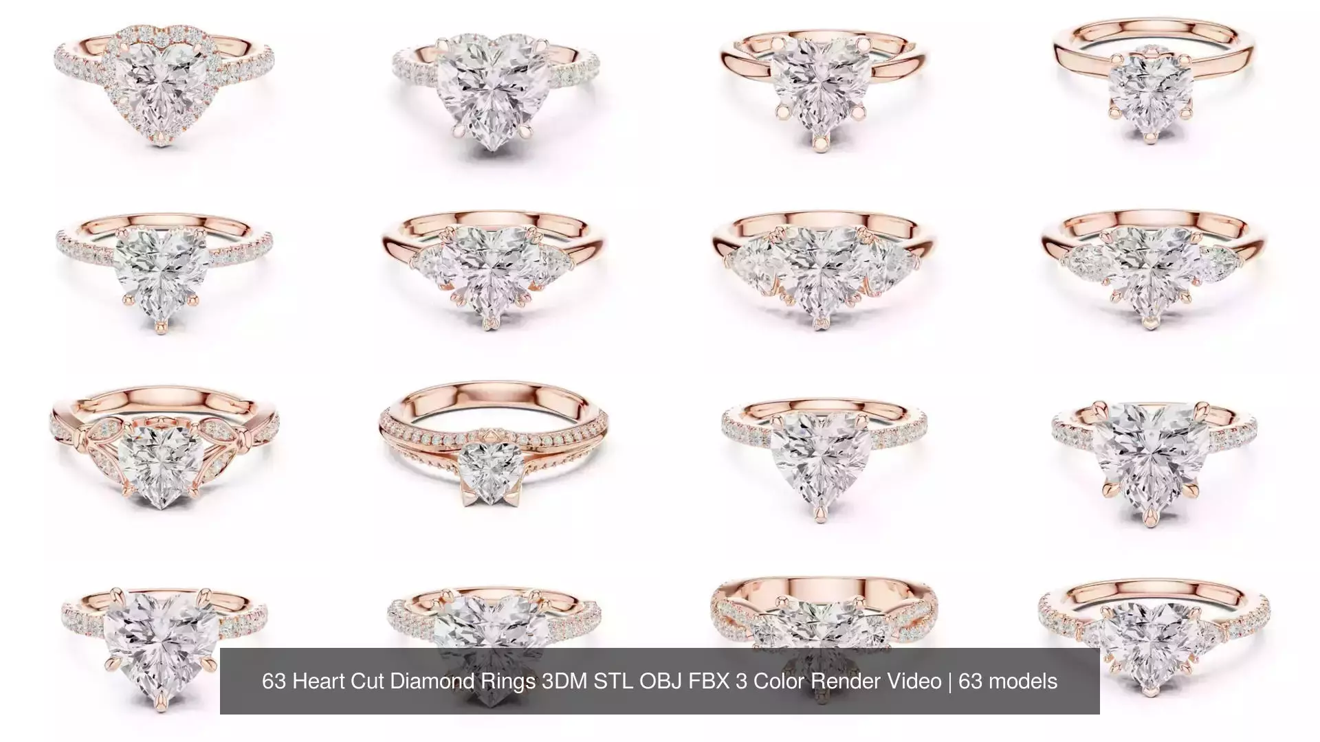 63 Heart Cut Diamond Rings 3DM STL OBJ FBX 3 Color Render Video 3D Model Collection_5