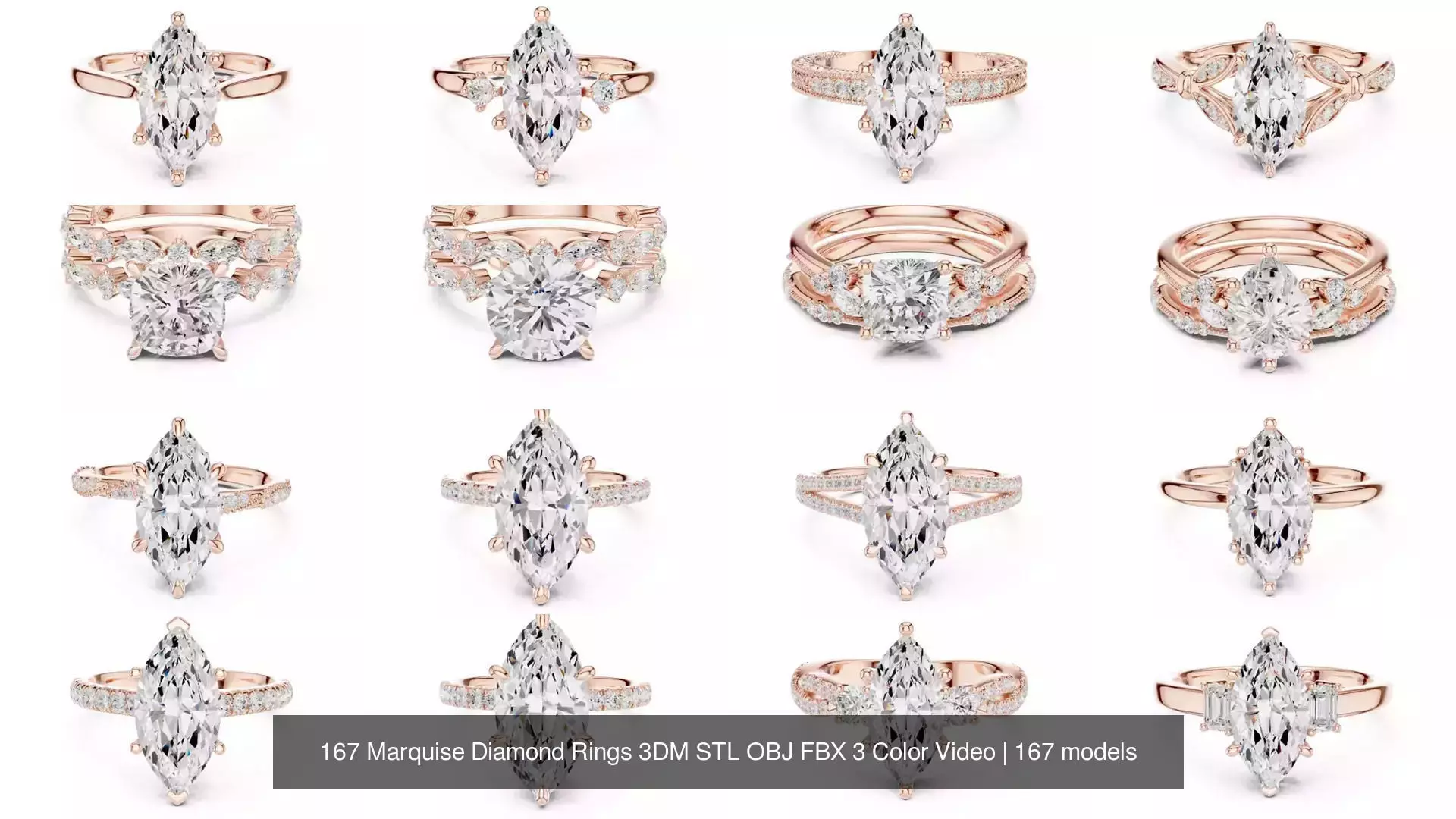 167 Marquise Diamond Rings 3DM STL OBJ FBX 3 Color Video 3D Model Collection_16