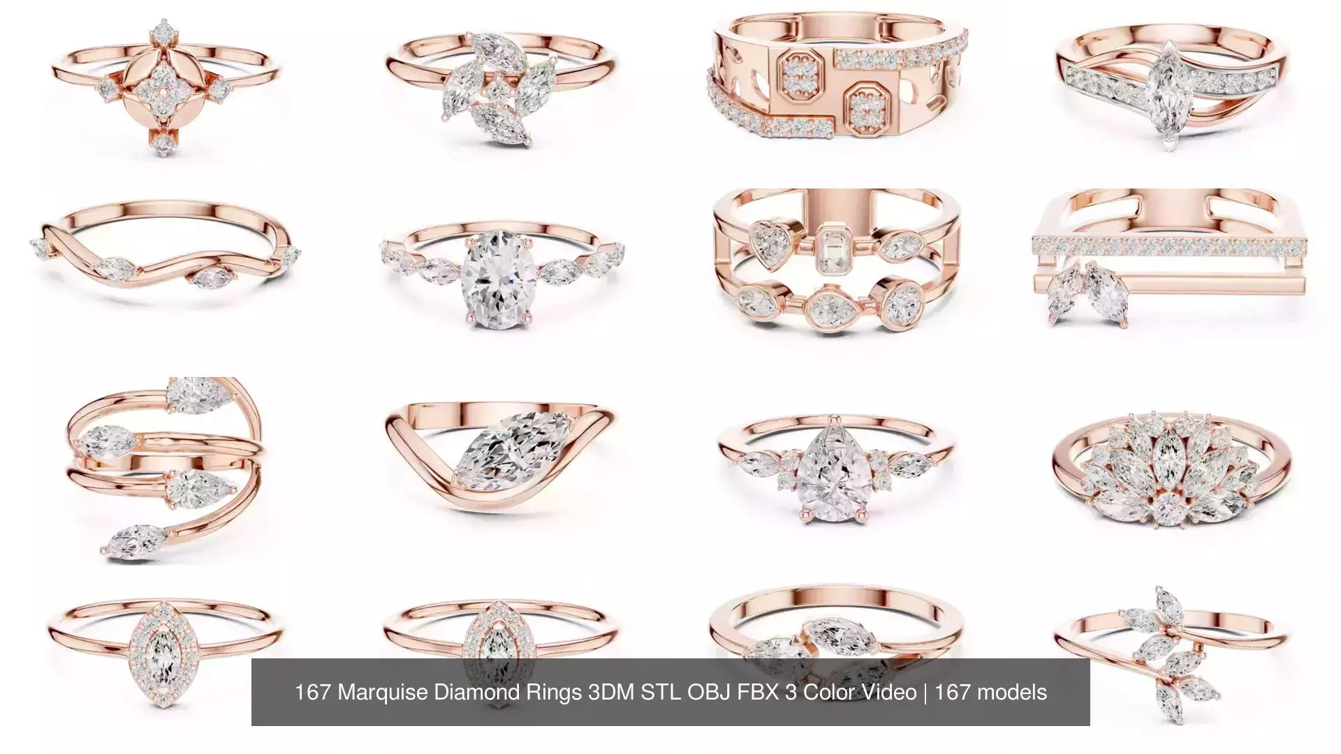 167 Marquise Diamond Rings 3DM STL OBJ FBX 3 Color Video 3D Model Collection_1