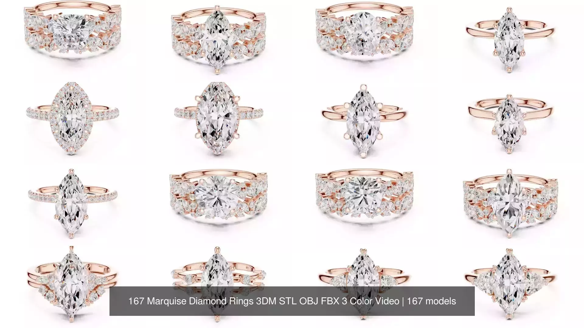 167 Marquise Diamond Rings 3DM STL OBJ FBX 3 Color Video 3D Model Collection_14