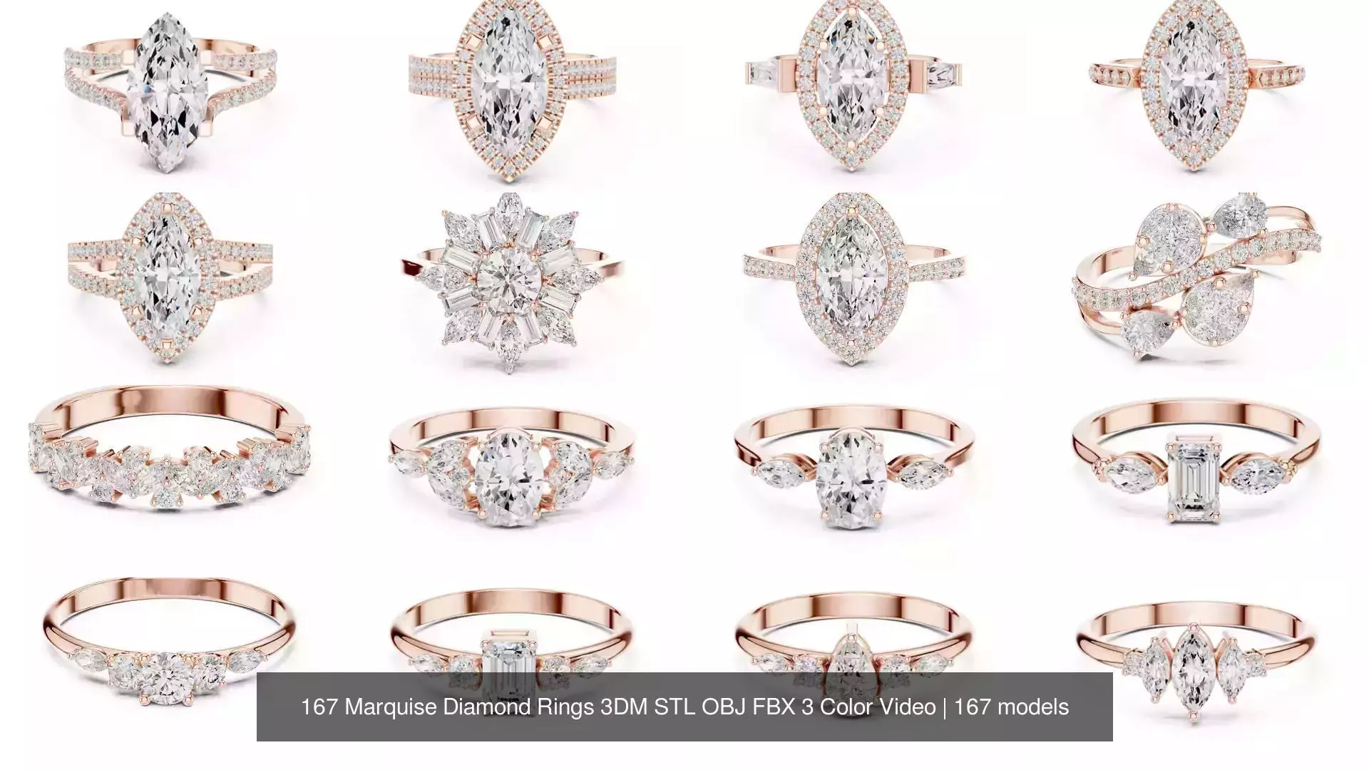 167 Marquise Diamond Rings 3DM STL OBJ FBX 3 Color Video 3D Model Collection_5