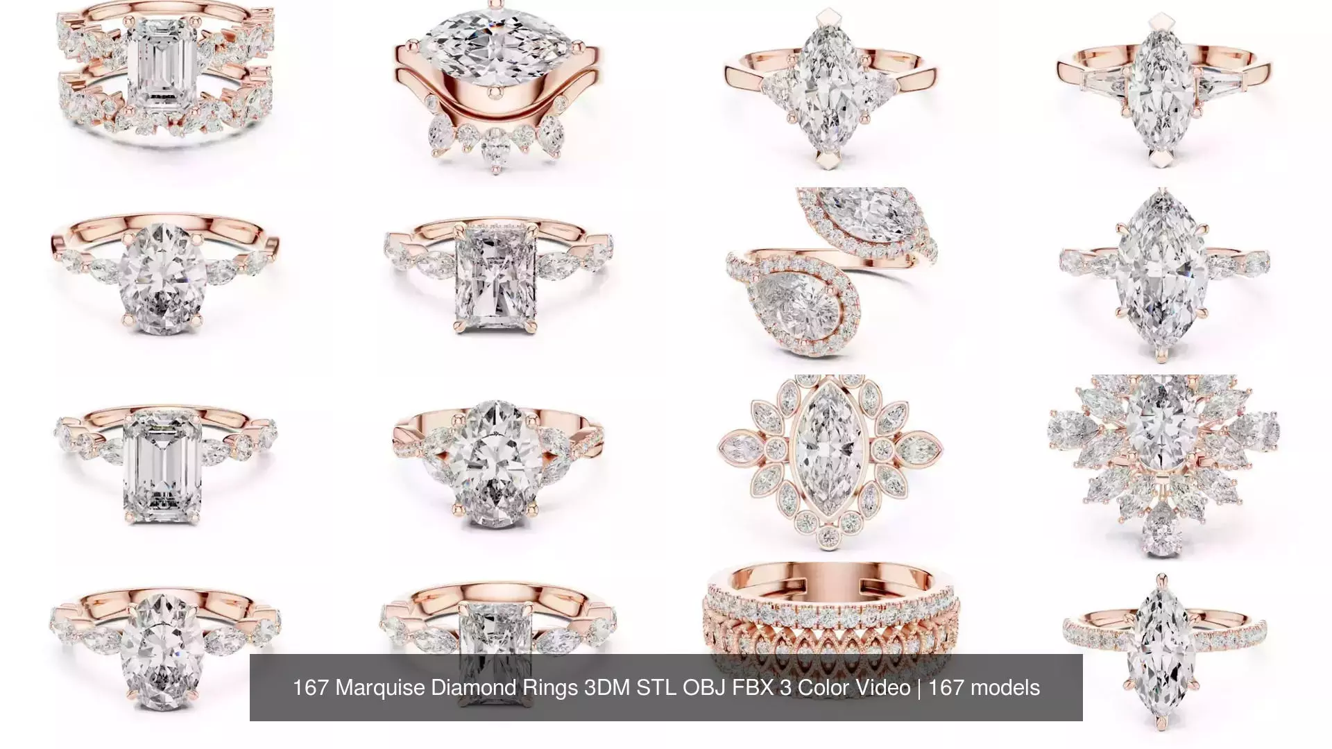 167 Marquise Diamond Rings 3DM STL OBJ FBX 3 Color Video 3D Model Collection_8