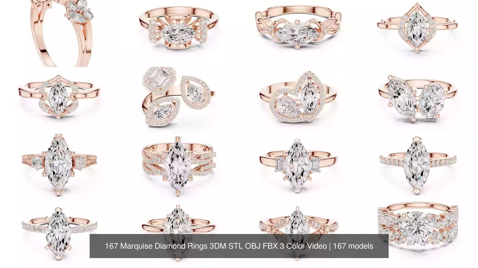 167 Marquise Diamond Rings 3DM STL OBJ FBX 3 Color Video 3D Model Collection_12