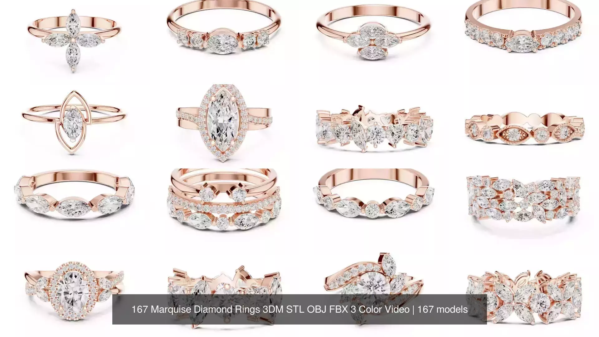167 Marquise Diamond Rings 3DM STL OBJ FBX 3 Color Video 3D Model Collection_6