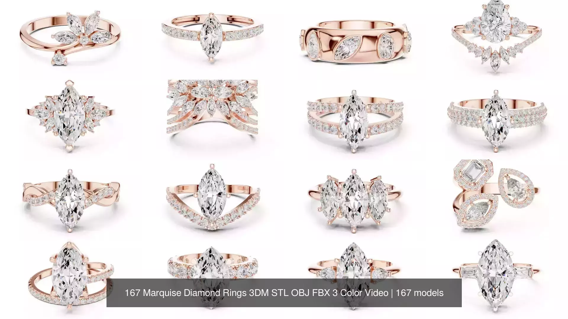 167 Marquise Diamond Rings 3DM STL OBJ FBX 3 Color Video 3D Model Collection_3