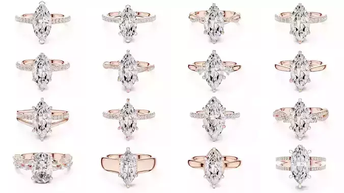 167 Marquise Diamond Rings 3DM STL OBJ FBX 3 Color Video 3D Model Collection