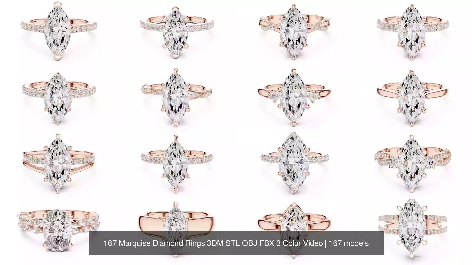 167 Marquise Diamond Rings 3DM STL OBJ FBX 3 Color Video 3D Model Collection_18