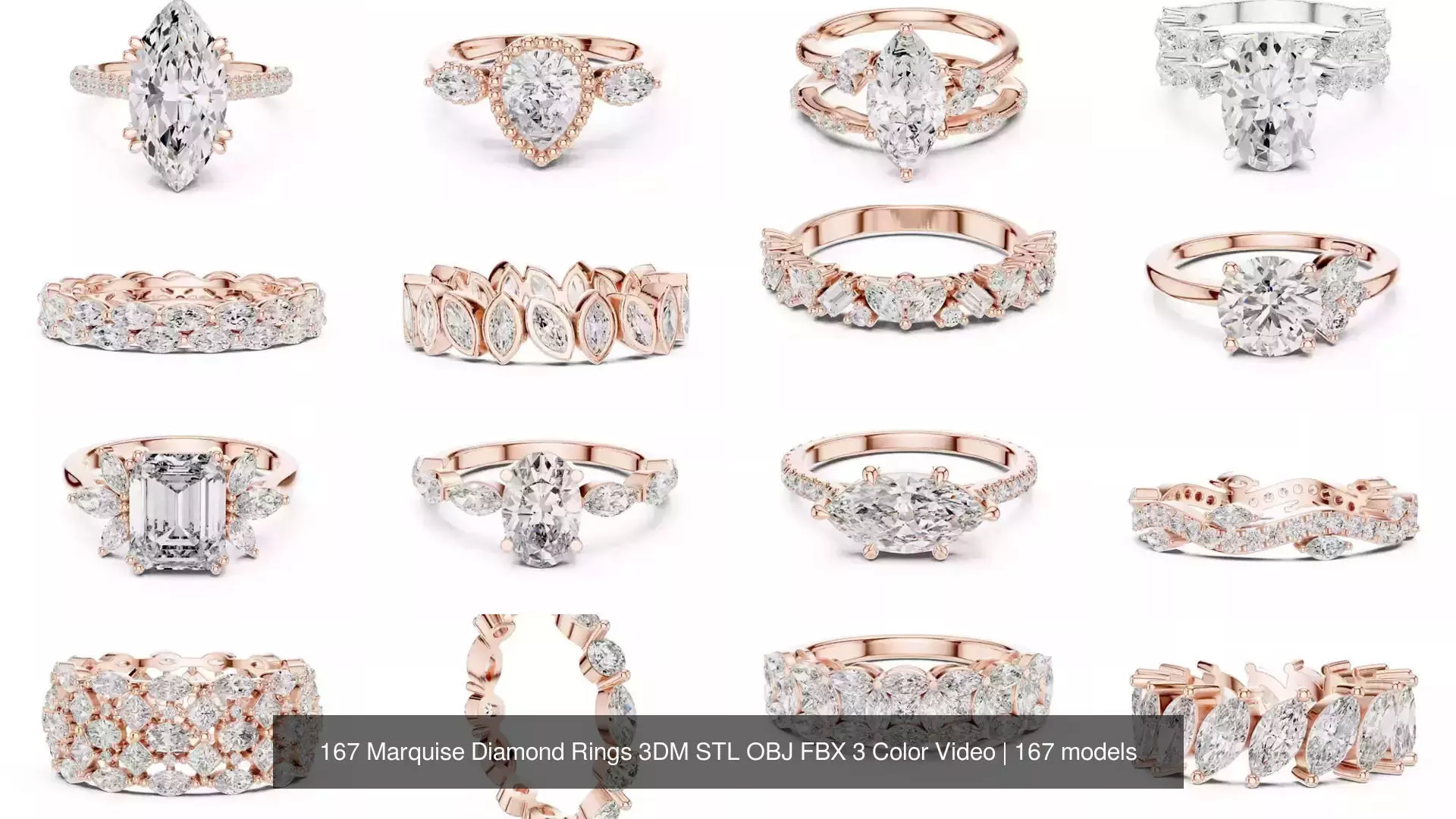 167 Marquise Diamond Rings 3DM STL OBJ FBX 3 Color Video 3D Model Collection_10