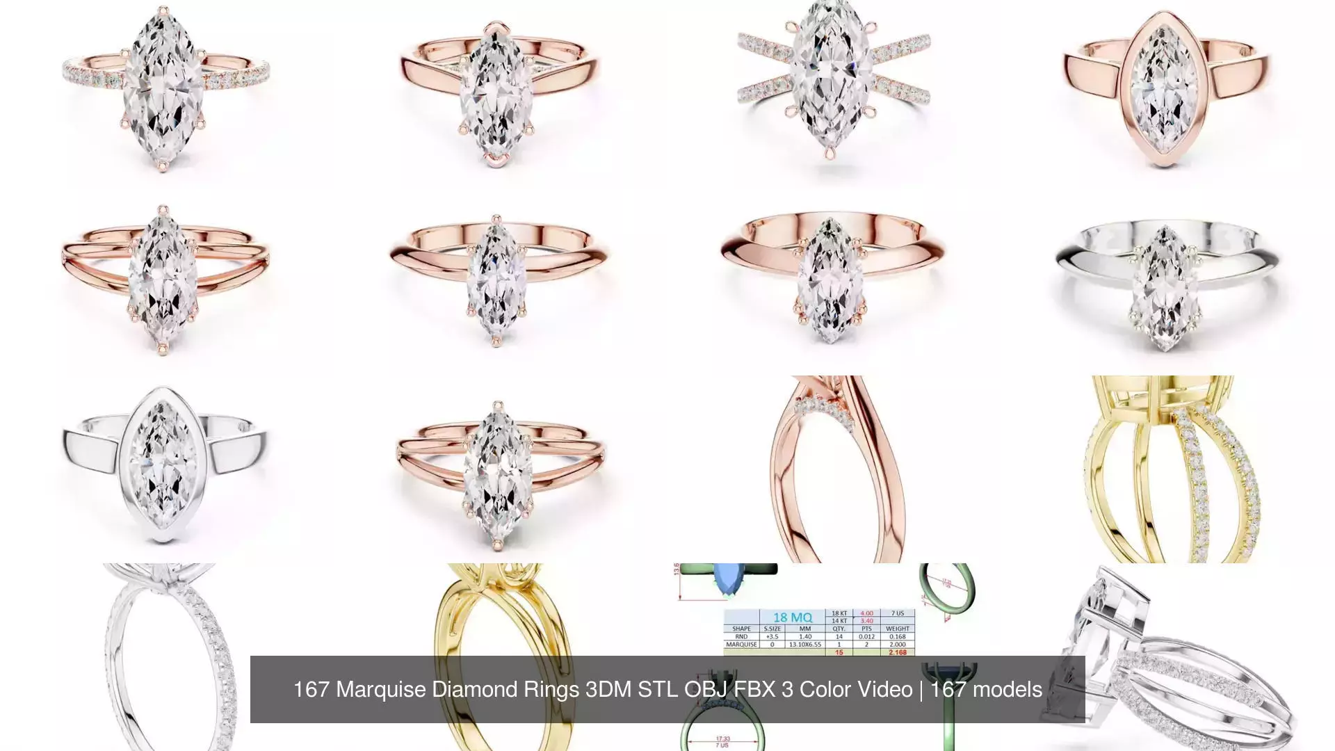 167 Marquise Diamond Rings 3DM STL OBJ FBX 3 Color Video 3D Model Collection_20